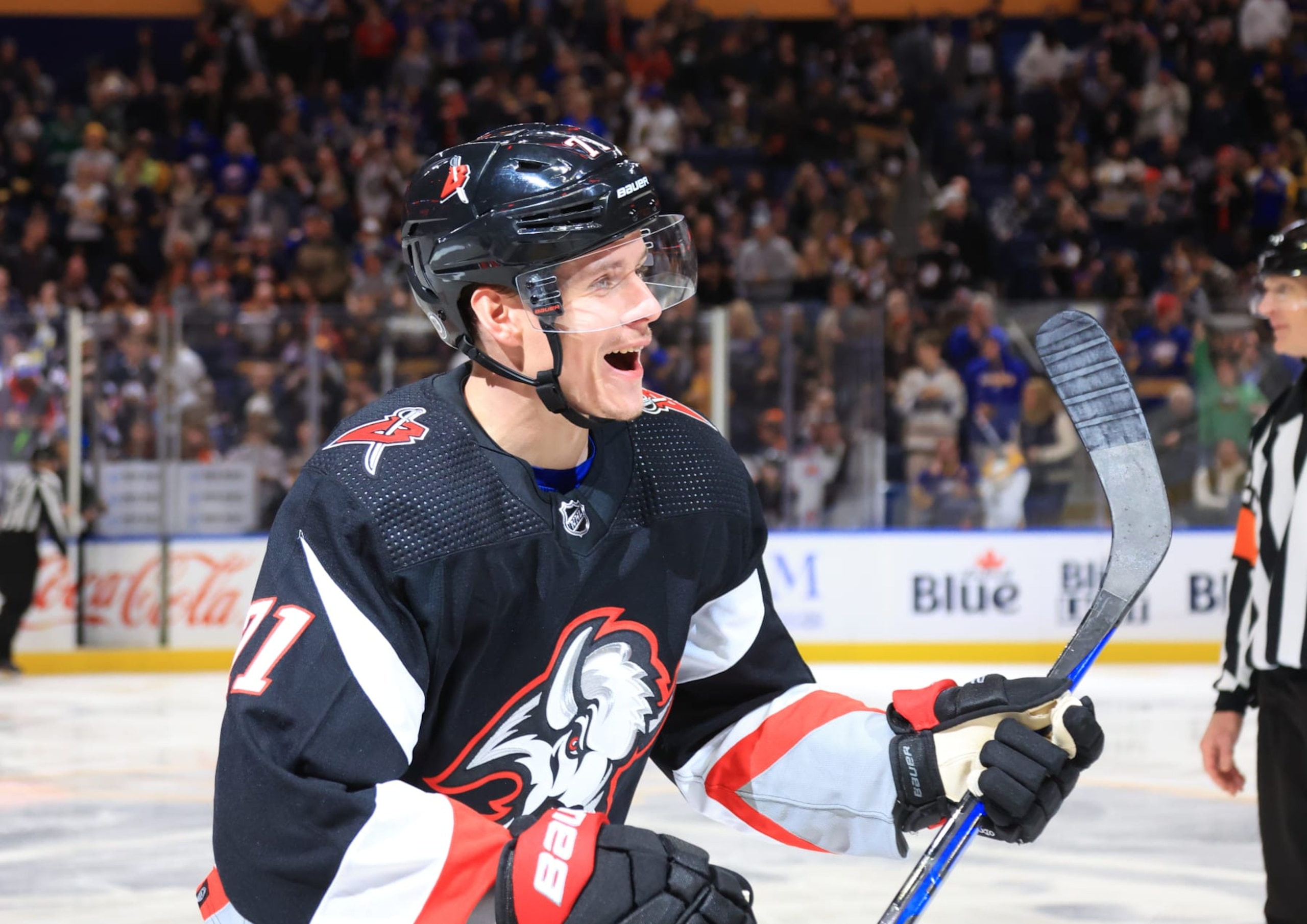 BUFFALO, NY - JANUARY 21: Victor Olofsson #71 of the Buffalo Sabres celebrates a goal during an NHL game against the Anaheim Ducks on January 21, 2023 at KeyBank Center in Buffalo, New York. (Photo by Bill Wippert/NHLI via Getty Images)