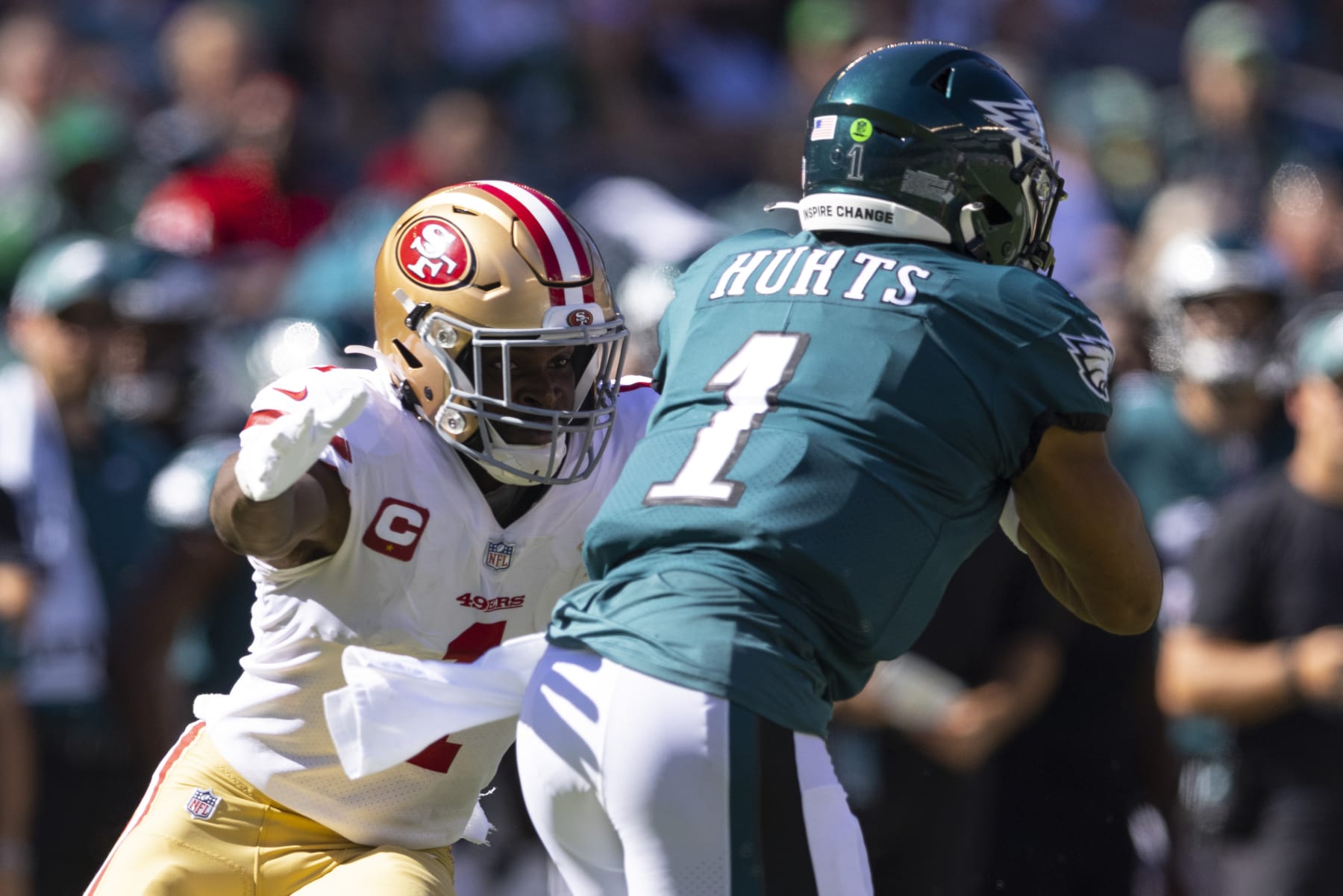 PHILADELPHIA, PA - SEPTEMBER 19: Jimmie Ward #1 of the San Francisco 49ers attempts to tackle Jalen Hurts #1 of the Philadelphia Eagles at Lincoln Financial Field on September 19, 2021 in Philadelphia, Pennsylvania. (Photo by Mitchell Leff/Getty Images)