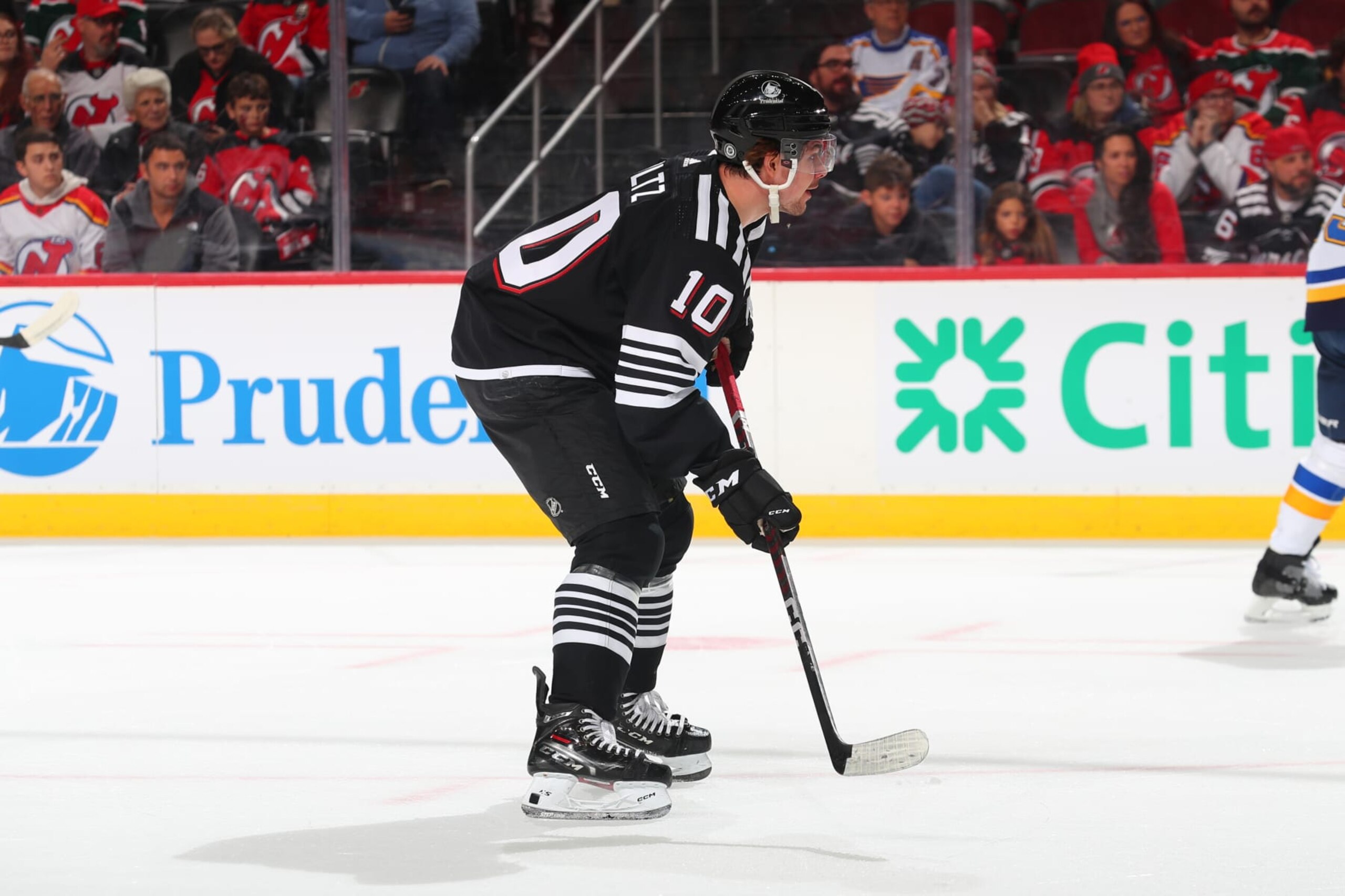 NEWARK, NJ - JANUARY 05: Alexander Holtz #10 of the New Jersey Devils skates in the first period of the game against the St. Louis Blues on January 05, 2023 at the Prudential Center in Newark, New Jersey.  (Photo by Rich Graessle/NHLI via Getty Images)