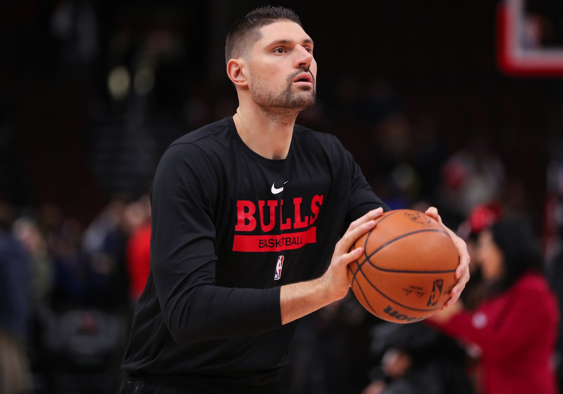 CHICAGO, IL - JANUARY 15: Chicago Bulls Center Nikola Vucevic (9) in action during warm-ups before a NBA game between the Golden State  Warriors and the Chicago Bulls on January 15, 2023 at the United Center in Chicago, IL. (Photo by Melissa Tamez/Icon Sportswire via Getty Images)