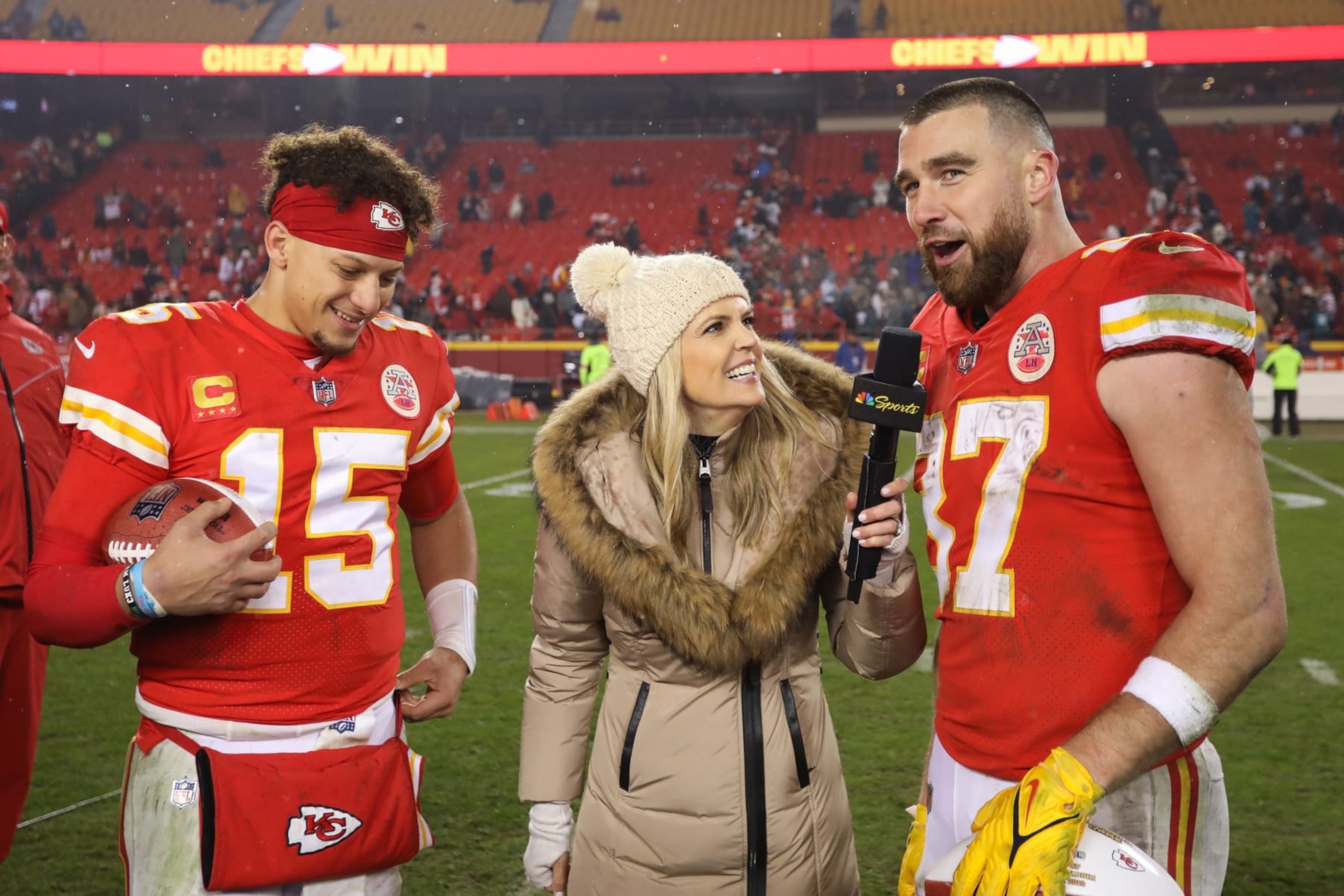 KANSAS CITY, MO - JANUARY 21: Kansas City Chiefs quarterback Patrick Mahomes (15) and tight end Travis Kelce (87) are interviewed after an AFC divisional playoff game between the Jacksonville Jaguars and Kansas City Chiefs on January 21, 2023 at GEHA Field at Arrowhead Stadium in Kansas City, MO. (Photo by Scott Winters/Icon Sportswire via Getty Images)