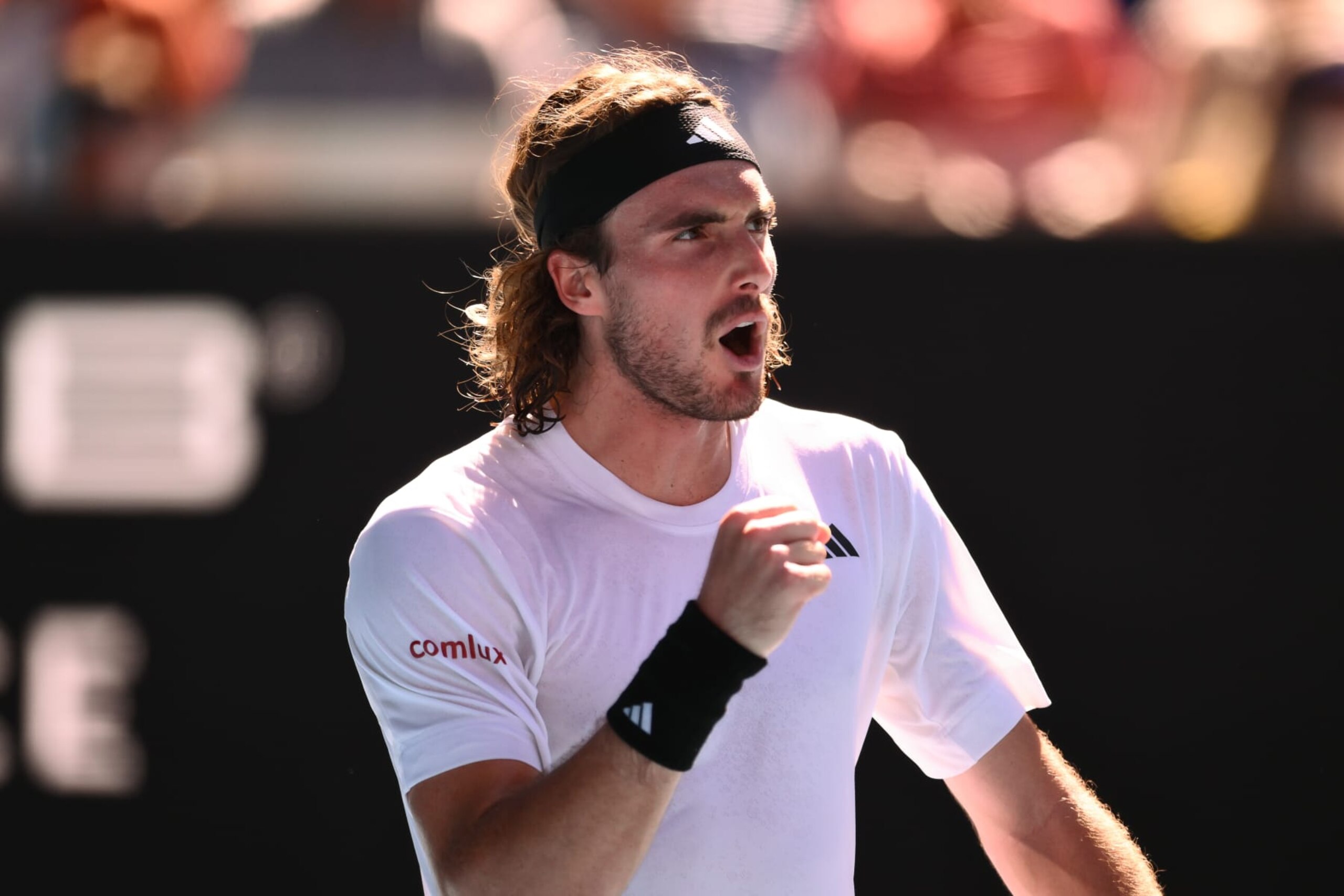 MELBOURNE, AUSTRALIA - JANUARY 27: Stefanos Tsitsipas celebrates during his Semi Final Match against Russia's Karen Khachanov (not seen) at the Australian Open grand slam tennis tournament at Melbourne Park in Melbourne, Australia on January 27, 2023. (Photo by Stringer/Anadolu Agency via Getty Images)