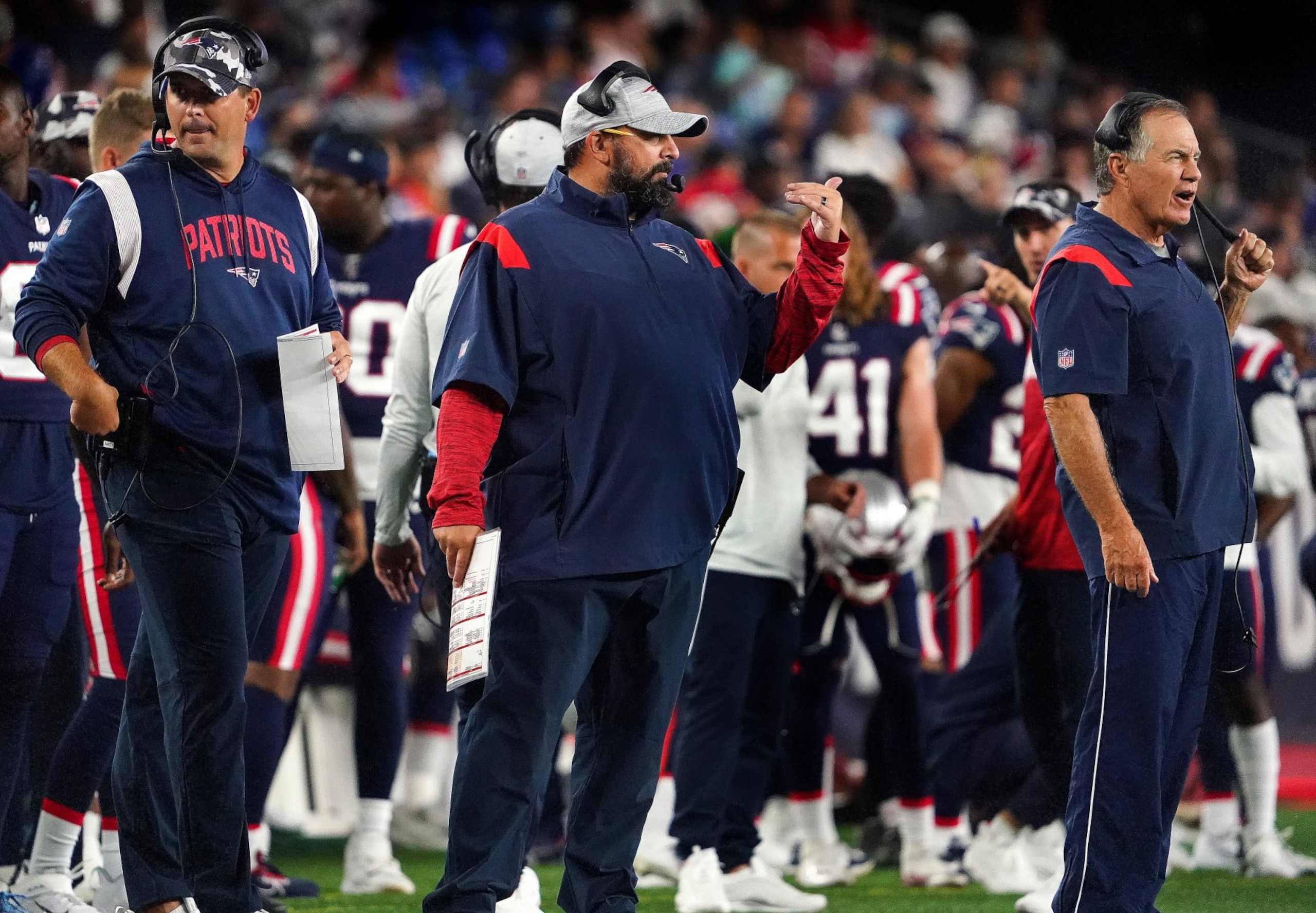 Foxborough, MA - August 11: Joe Judge, offensive assistant/quarterbacks coach, Matt Patricia, senior football advisor/offensive line, and 
Bill Belichick, head coach of the New England Patriots. The Patriots dropped their preseason opener to the New York Giants, 23-21. (Photo by Barry Chin/The Boston Globe via Getty Images)