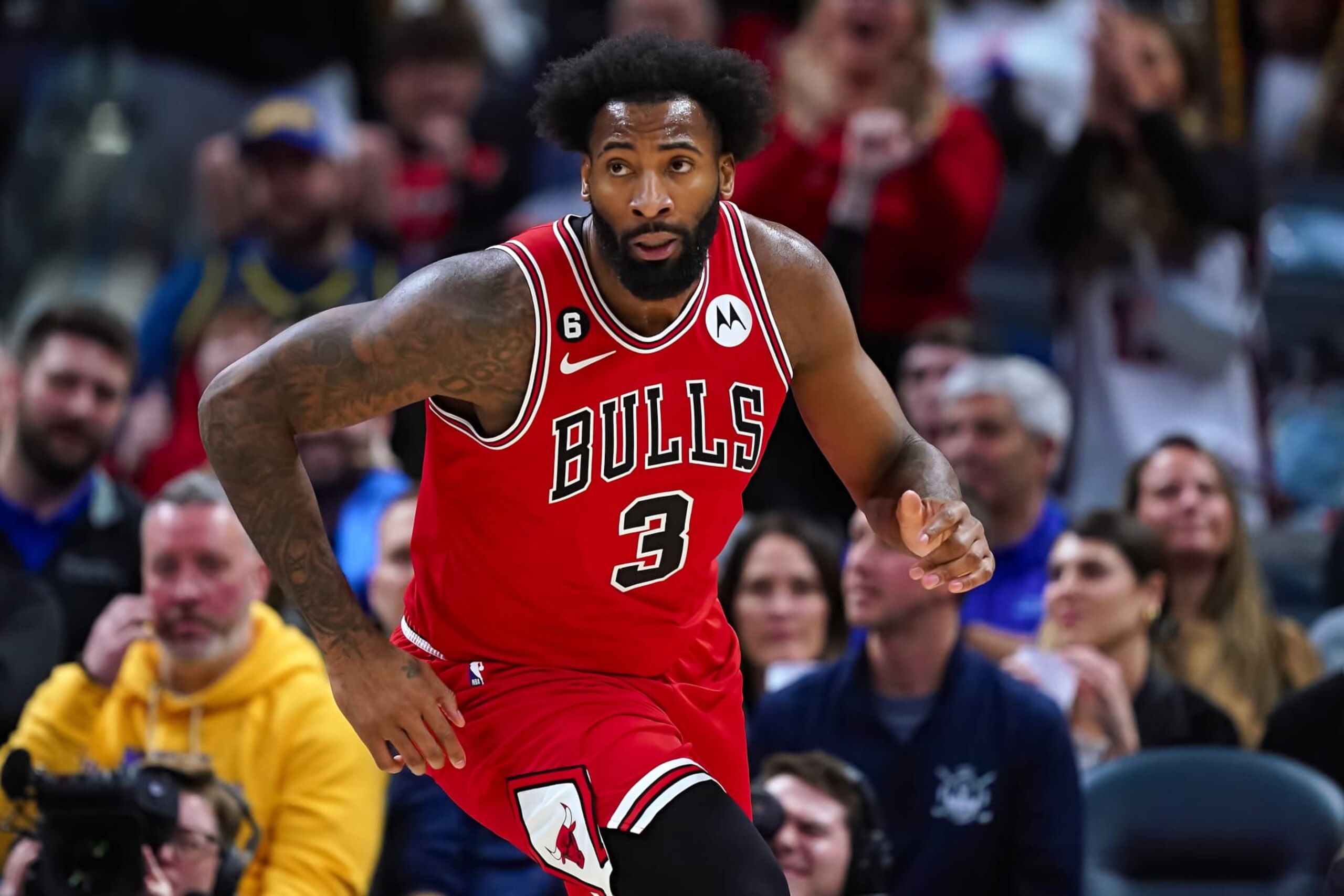 INDIANAPOLIS, INDIANA - JANUARY 24: Andre Drummond #3 of the Chicago Bulls jogs across the court in the third quarter against the Indiana Pacers at Gainbridge Fieldhouse on January 24, 2023 in Indianapolis, Indiana. NOTE TO USER: User expressly acknowledges and agrees that, by downloading and or using this photograph, User is consenting to the terms and conditions of the Getty Images License Agreement. (Photo by Dylan Buell/Getty Images) INDIANAPOLIS, INDIANA - JANUARY 24: Andre Drummond #3 of the Chicago Bulls jogs across the court in the third quarter against the Indiana Pacers at Gainbridge Fieldhouse on January 24, 2023 in Indianapolis, Indiana. NOTE TO USER: User expressly acknowledges and agrees that, by downloading and or using this photograph, User is consenting to the terms and conditions of the Getty Images License Agreement. (Photo by Dylan Buell/Getty Images)