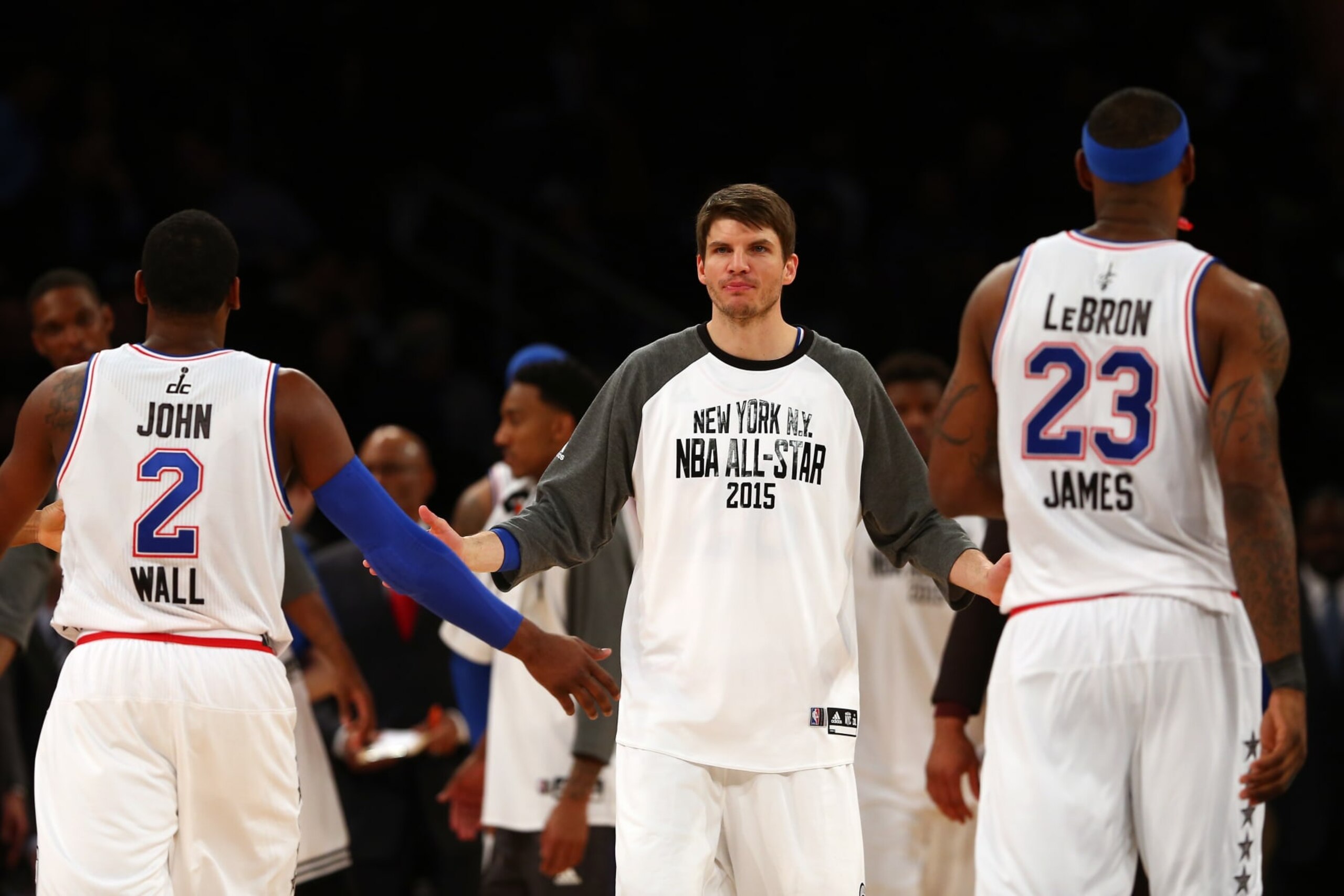 NEW YORK, NY - FEBRUARY 15:  Kyle Korver #26 of the Eastern Conference high-fives John Wall #2 of the Washington Wizards  and the Eastern Conference and LeBron James #23 of the Cleveland Cavaliers and the Eastern Conference during the 2015 NBA All-Star Game at Madison Square Garden on February 15, 2015 in New York City.  NOTE TO USER: User expressly acknowledges and agrees that, by downloading and/or using this photograph, user is consenting to the terms and conditions of the Getty Images License Agreement.  (Photo by Elsa/Getty Images)