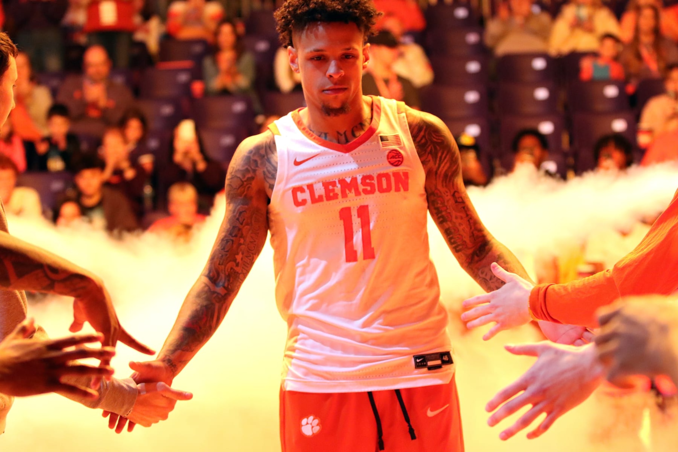 CLEMSON, SC - DECEMBER 30: Clemson Tigers guard Brevin Galloway (11) during a college basketball game between the N.C. State Wolfpack and the Clemson Tigers on December 30, 2022, at Littlejohn Coliseum in Clemson, S.C. (Photo by John Byrum/Icon Sportswire via Getty Images) CLEMSON, SC - DECEMBER 30: Clemson Tigers guard Brevin Galloway (11) during a college basketball game between the N.C. State Wolfpack and the Clemson Tigers on December 30, 2022, at Littlejohn Coliseum in Clemson, S.C. (Photo by John Byrum/Icon Sportswire via Getty Images)