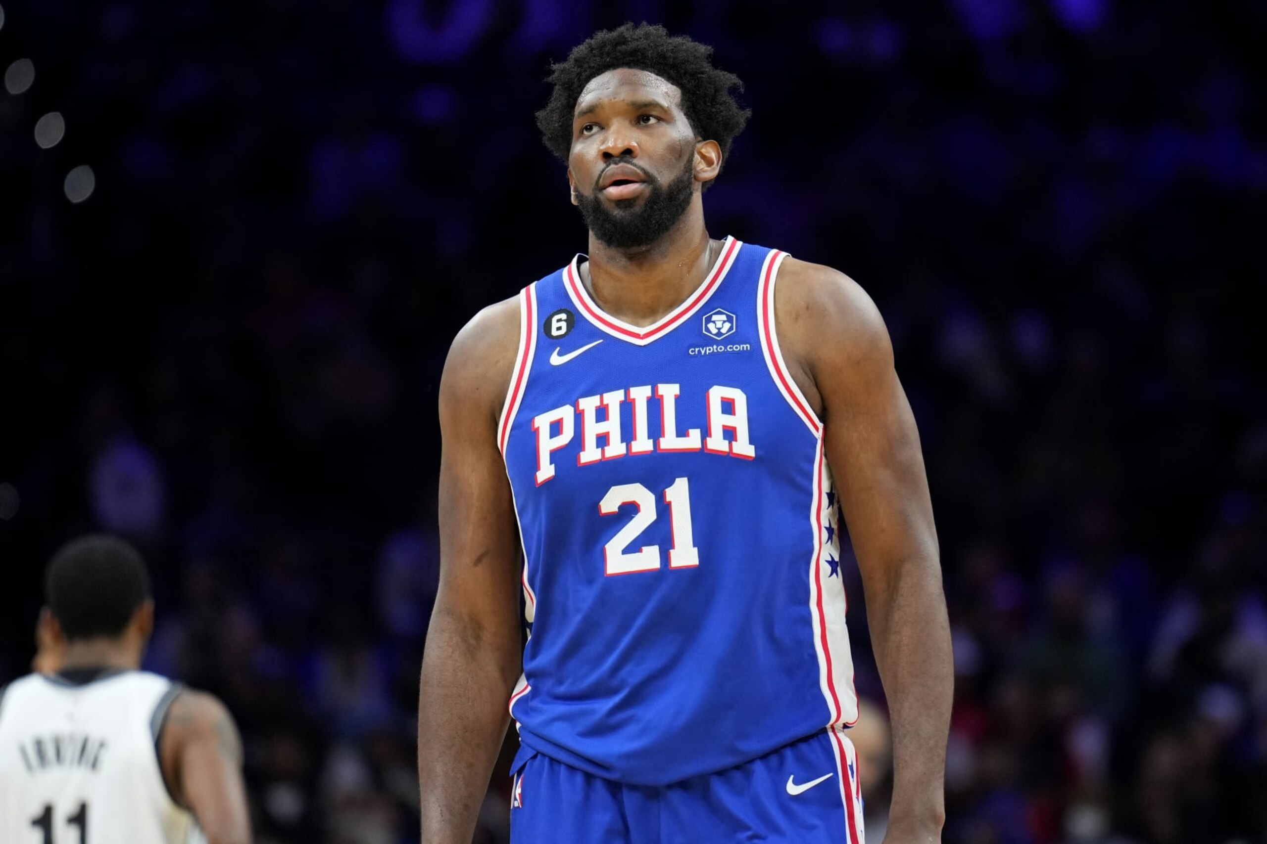 PHILADELPHIA, PA - JANUARY 25: Joel Embiid #21 of the Philadelphia 76ers looks on during the game against the Brooklyn Nets on January 25, 2023 at the Wells Fargo Center in Philadelphia, Pennsylvania NOTE TO USER: User expressly acknowledges and agrees that, by downloading and/or using this Photograph, user is consenting to the terms and conditions of the Getty Images License Agreement. Mandatory Copyright Notice: Copyright 2023 NBAE (Photo by Jesse D. Garrabrant/NBAE via Getty Images)