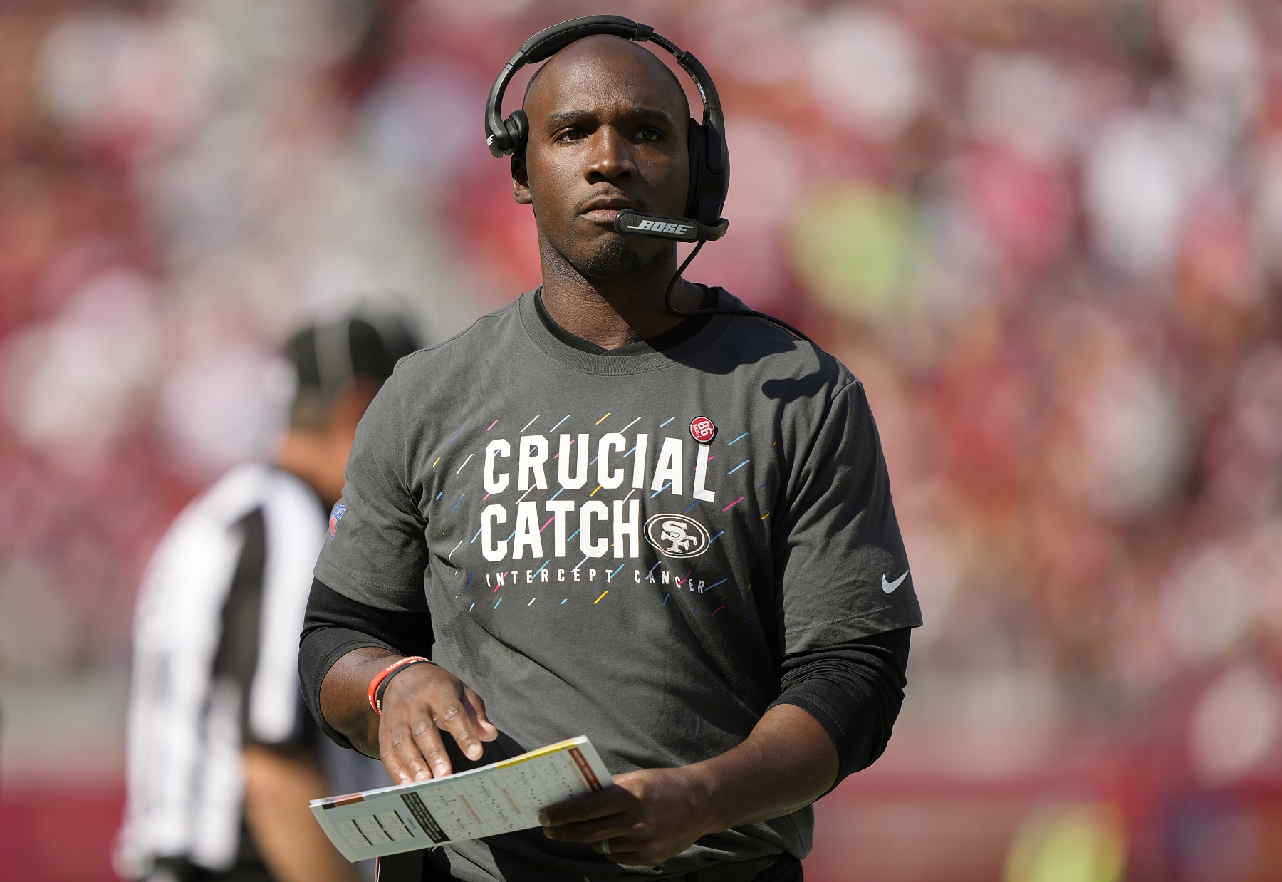 SANTA CLARA, CALIFORNIA - OCTOBER 03: Defensive Coordinator DeMeco Ryans of the San Francisco 49ers looks on from the sidelines against the Seattle Seahawks at Levi's Stadium on October 03, 2021 in Santa Clara, California. (Photo by Thearon W. Henderson/Getty Images)