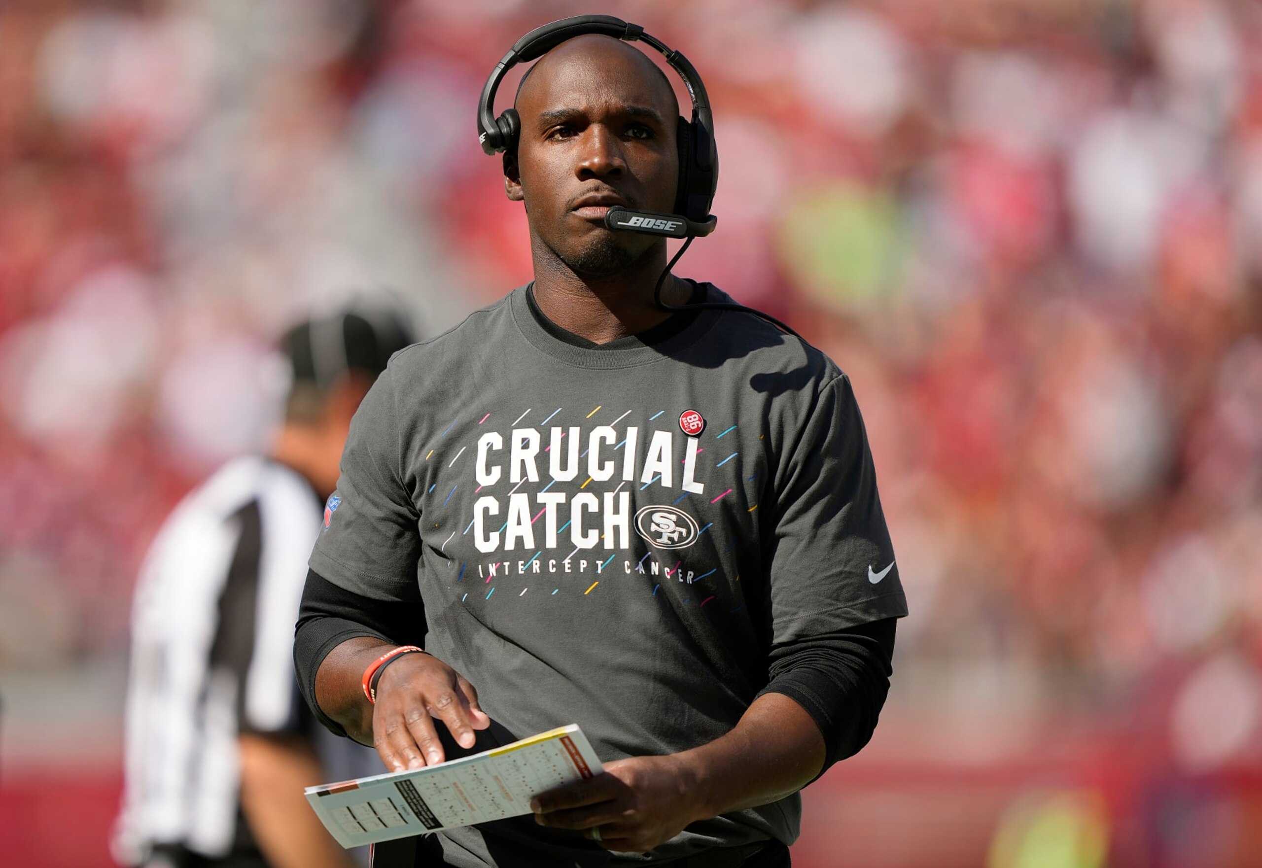 SANTA CLARA, CALIFORNIA - OCTOBER 03: Defensive Coordinator DeMeco Ryans of the San Francisco 49ers looks on from the sidelines against the Seattle Seahawks at Levi's Stadium on October 03, 2021 in Santa Clara, California. (Photo by Thearon W. Henderson/Getty Images)
