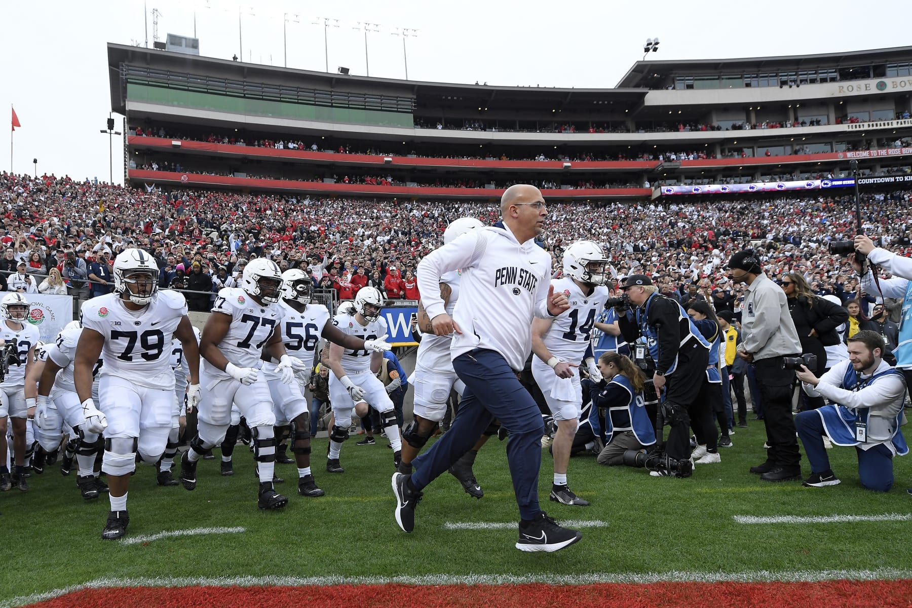 PASADENA, CALIFORNIA - JANUARY 02: Head coach James Franklin of the Penn State Nittany Lions leads his team to the field prior to the 2023 Rose Bowl Game against the Utah Utes at Rose Bowl Stadium on January 02, 2023 in Pasadena, California. (Photo by Kevork Djansezian/Getty Images)