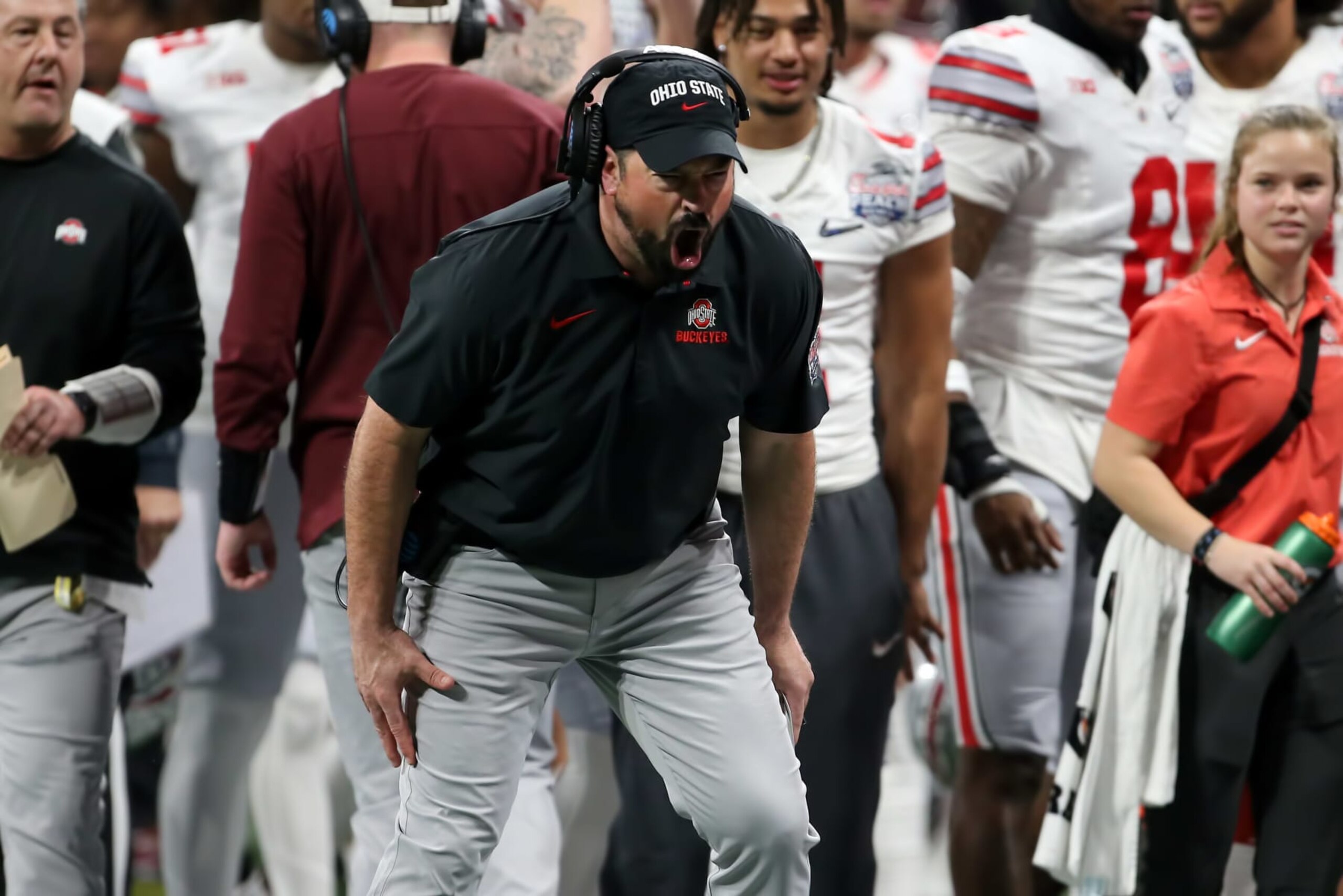 ATLANTA, GA - DECEMBER 31:  Ohio State Buckeyes head coach Ryan Day reacts to an early touchdown in the college football Playoff Semifinal game at the Chick-fil-a Peach Bowl between the Georgia Bulldogs and the Ohio State Buckeyes on December 31, 2022 at Mercedes-Benz Stadium in Atlanta, Georgia.  (Photo by Michael Wade/Icon Sportswire via Getty Images)