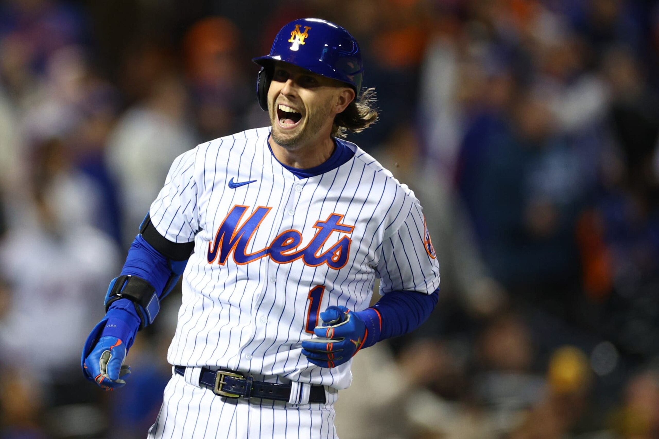 NEW YORK, NEW YORK - OCTOBER 08: Jeff McNeil #1 of the New York Mets lines out during the first inning against the San Diego Padres in game two of the Wild Card Series at Citi Field on October 08, 2022 in New York City. (Photo by Elsa/Getty Images)