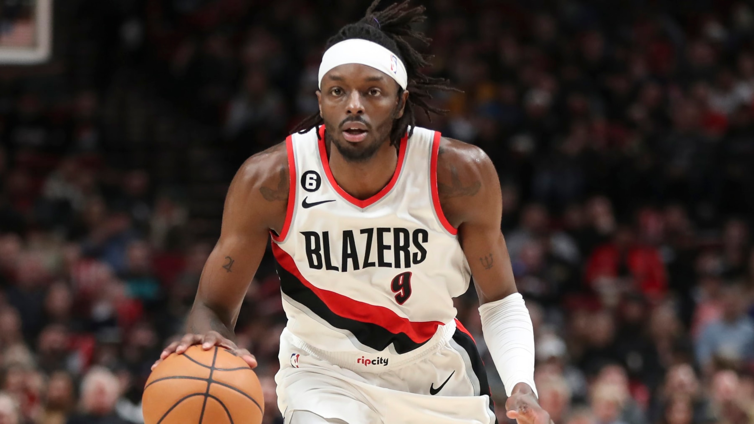 Portland Trail Blazers forward Jerami Grant (9) drives up the court against the Philadelphia 76ers during an NBA basketball game in Portland, Ore., Thursday, Jan. 19, 2023. The Philadelphia 76ers won 105-95. (AP Photo/Amanda Loman)