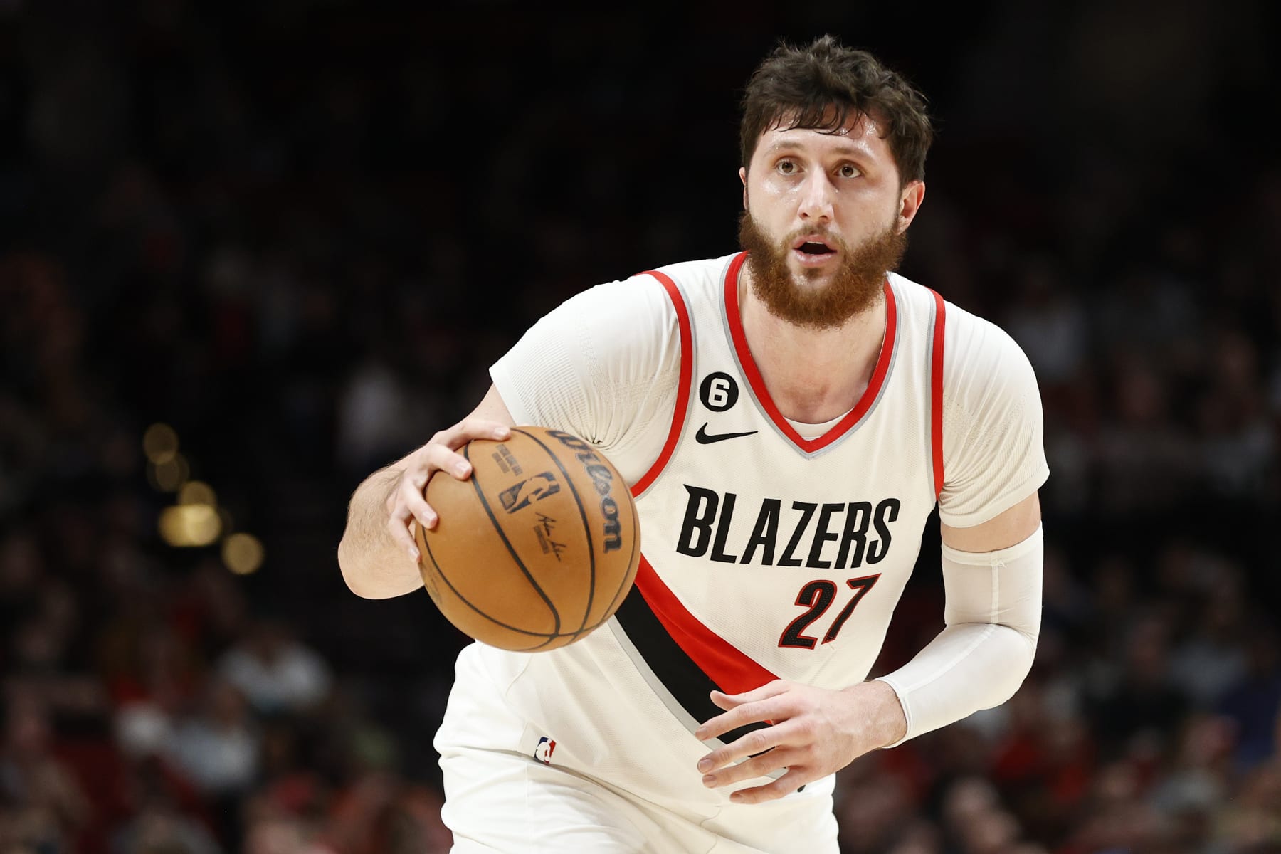 PORTLAND, OREGON - JANUARY 23: Jusuf Nurkic #27 of the Portland Trail Blazers dribbles against the San Antonio Spurs during the first quarter at Moda Center on January 23, 2023 in Portland, Oregon. NOTE TO USER: User expressly acknowledges and agrees that, by downloading and/or using this photograph, User is consenting to the terms and conditions of the Getty Images License Agreement. (Photo by Steph Chambers/Getty Images)
