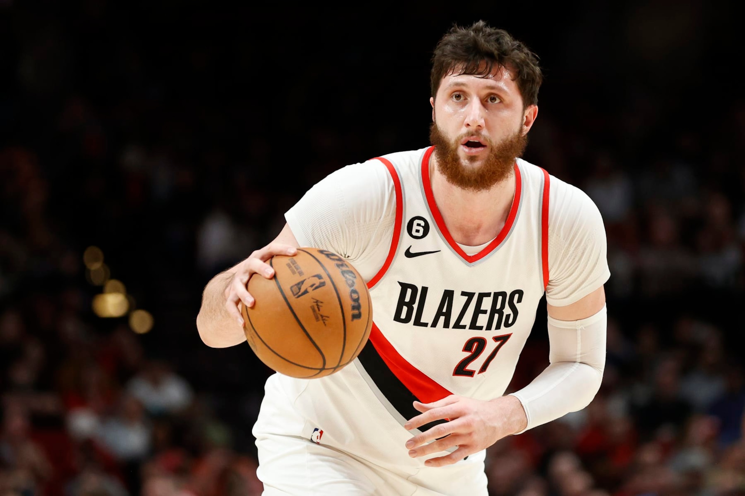 PORTLAND, OREGON - JANUARY 23: Jusuf Nurkic #27 of the Portland Trail Blazers dribbles against the San Antonio Spurs during the first quarter at Moda Center on January 23, 2023 in Portland, Oregon. NOTE TO USER: User expressly acknowledges and agrees that, by downloading and/or using this photograph, User is consenting to the terms and conditions of the Getty Images License Agreement. (Photo by Steph Chambers/Getty Images)