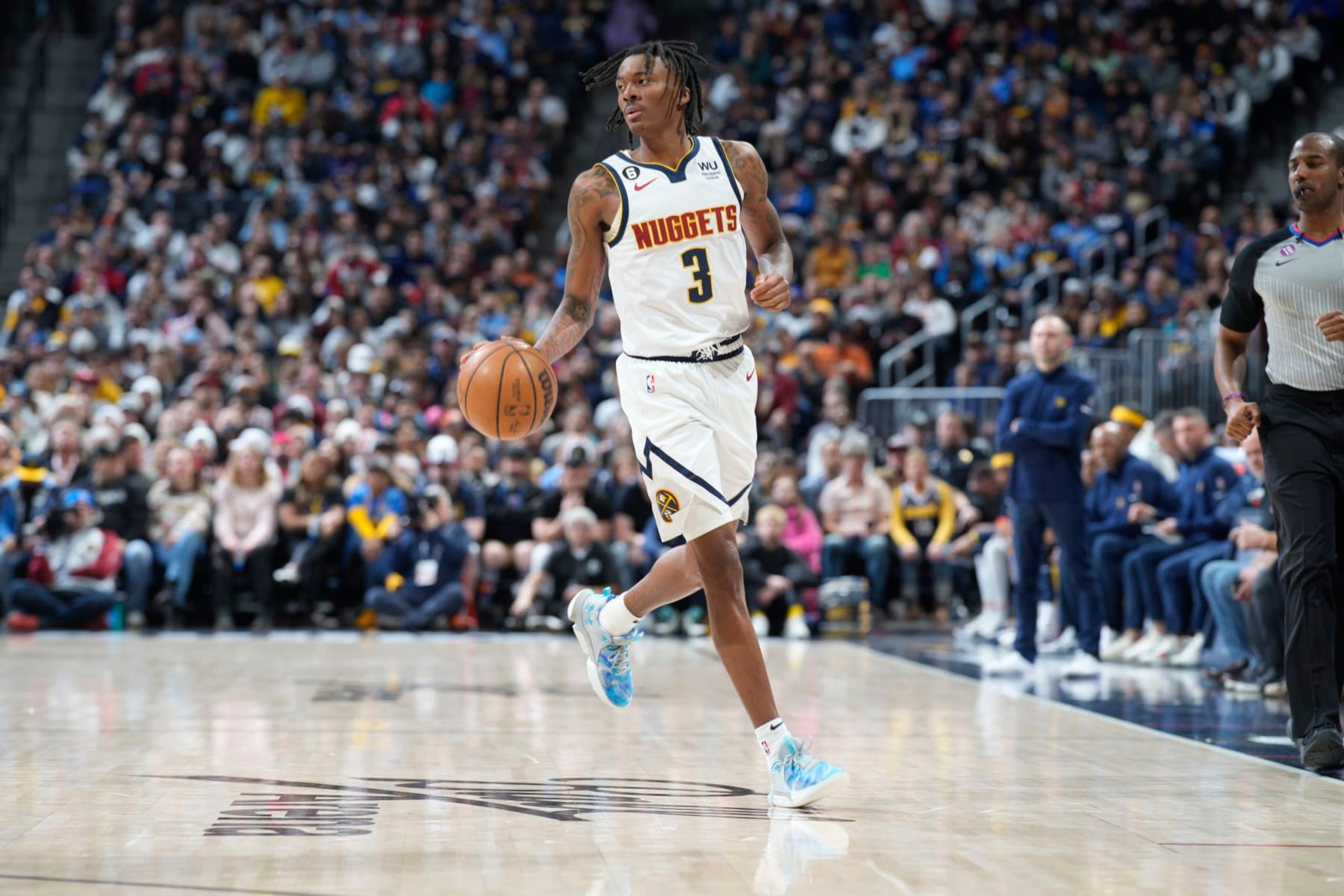 Denver Nuggets guard Bones Hyland (3) in the first half of an NBA basketball game Sunday, Jan. 22, 2023, in Denver. (AP Photo/David Zalubowski)