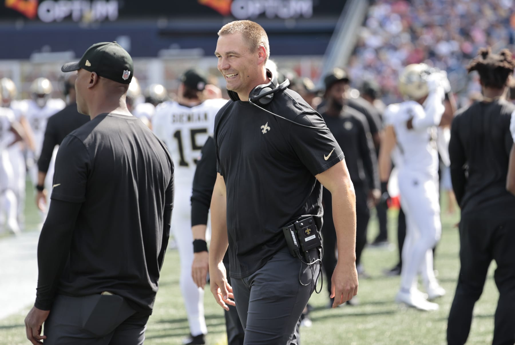 FOXBOROUGH, MA - SEPTEMBER 26: New Orleans Saints assistant head coach / defensive line coach Ryan Nielsen during a game between the New England Patriots and the New Orleans Saints on September 26, 2021 at Gillette Stadium in Foxborough, Massachusetts. (Photo by Fred Kfoury III/Icon Sportswire via Getty Images)