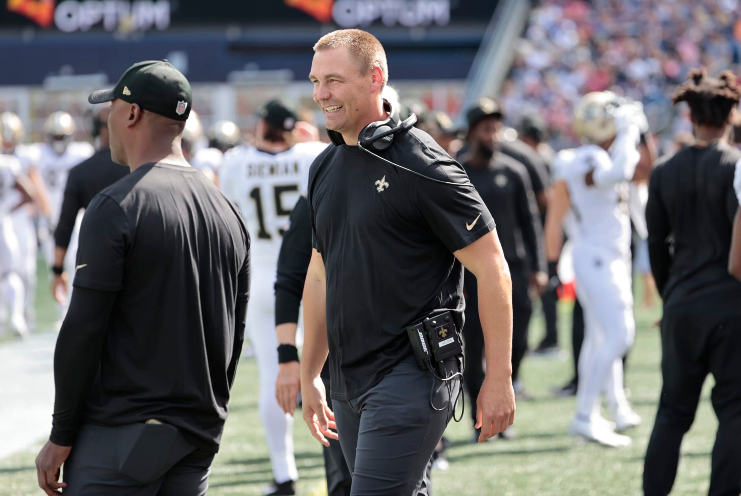 FOXBOROUGH, MA - SEPTEMBER 26: New Orleans Saints assistant head coach / defensive line coach Ryan Nielsen during a game between the New England Patriots and the New Orleans Saints on September 26, 2021 at Gillette Stadium in Foxborough, Massachusetts. (Photo by Fred Kfoury III/Icon Sportswire via Getty Images)
