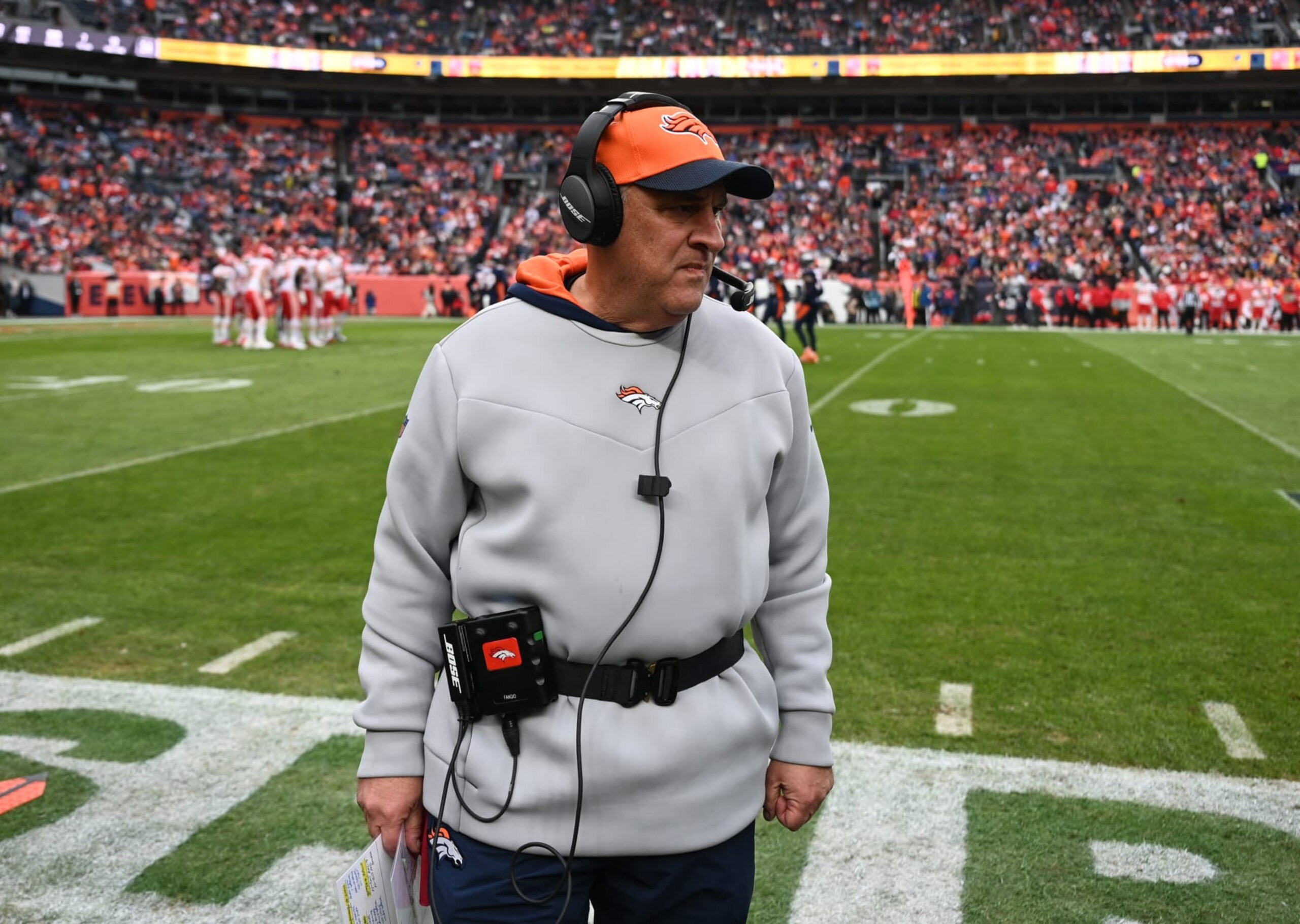 DENVER, COLORADO - JANUARY 8: Denver Broncos head coach Vic Fangio walks the sidelines on January 8, 2022 in Denver, Colorado. The Denver Broncos took on the Kansas City Chiefs during the Broncos last game of the season at Empower Field at Mile High. (Photo by  RJ Sangosti/MediaNews Group/The Denver Post via Getty Images)
