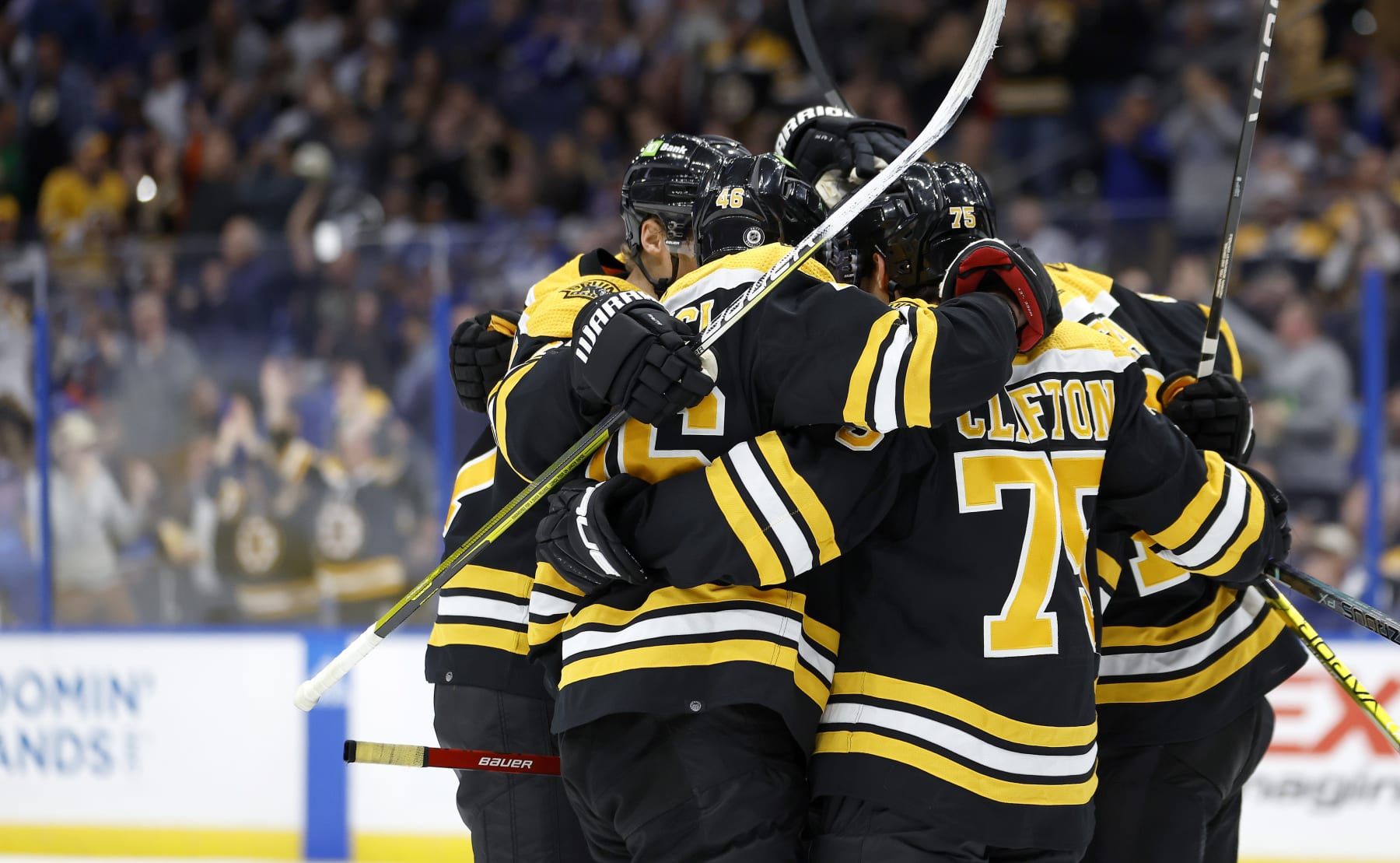 TAMPA, FLORIDA - JANUARY 26: Pavel Zacha #18 of the Boston Bruins celebrates a goal in the third period during a game against the Tampa Bay Lightning at Amalie Arena on January 26, 2023 in Tampa, Florida. (Photo by Mike Ehrmann/Getty Images )