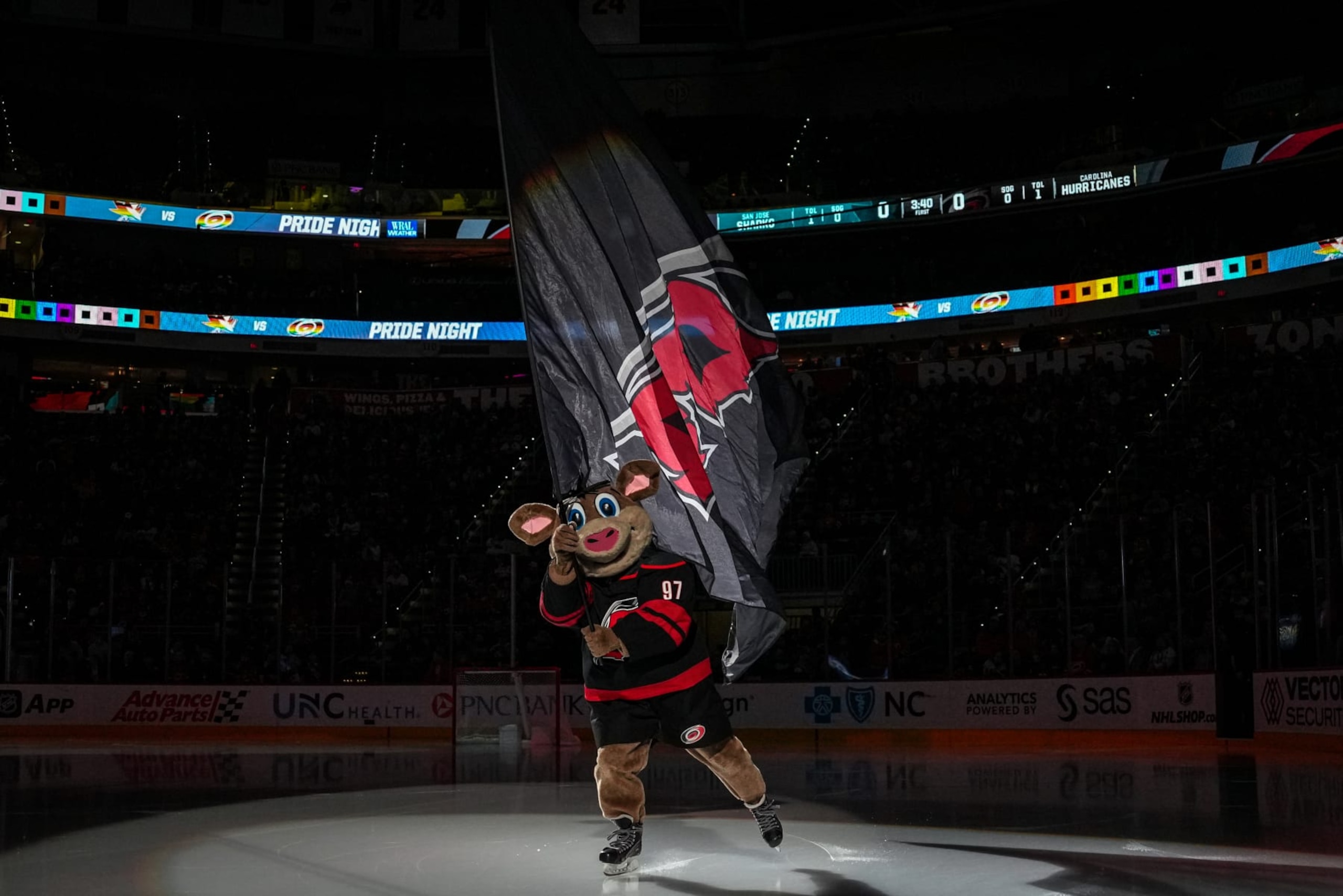 RALEIGH, NORTH CAROLINA - JANUARY 27: Carolina Hurricanes mascot Stormy is seen prior to the game against the San Jose Sharks at PNC Arena on January 27, 2023 in Raleigh, North Carolina. (Photo by Josh Lavallee/NHLI via Getty Images)