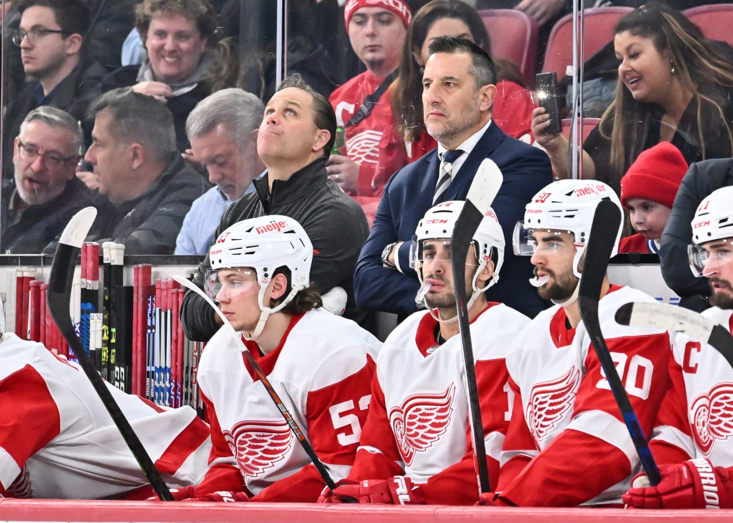 MONTREAL, CANADA - JANUARY 26:  Associate coach of the Detroit Red Wings, Bob Boughner, works the bench during the third period against the Montreal Canadiens at Centre Bell on January 26, 2023 in Montreal, Quebec, Canada.  The Detroit Red Wings defeated the Montreal Canadiens 4-3 in overtime.  (Photo by Minas Panagiotakis/Getty Images)