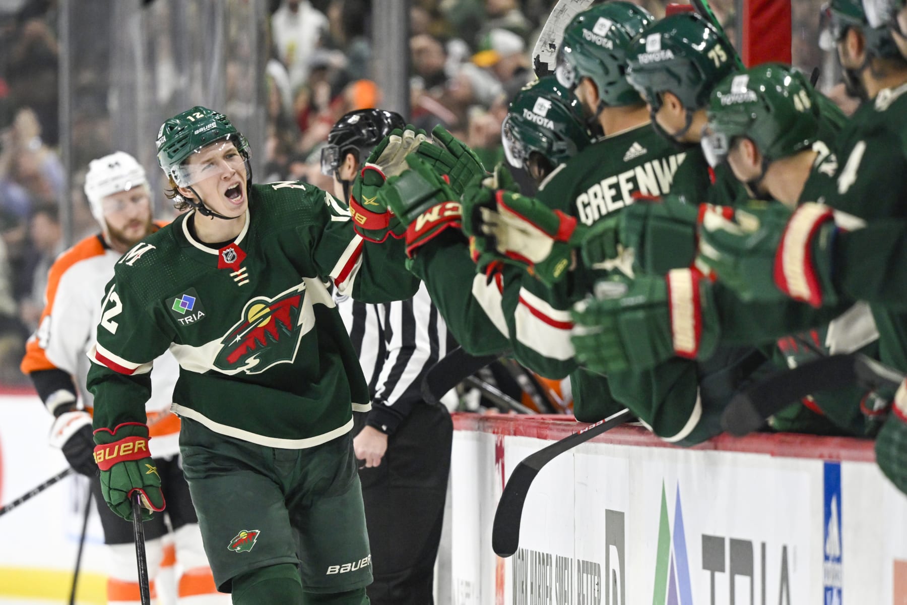 ST. PAUL, MN - JANUARY 26: Minnesota Wild Left Wing Matt Boldy (12) celebrates his power play during the third period of a game between the Minnesota Wild and Philadelphia Flyers on January 26, 2023, at Xcel Energy Center in St. Paul, MN.(Photo by Nick Wosika/Icon Sportswire via Getty Images)