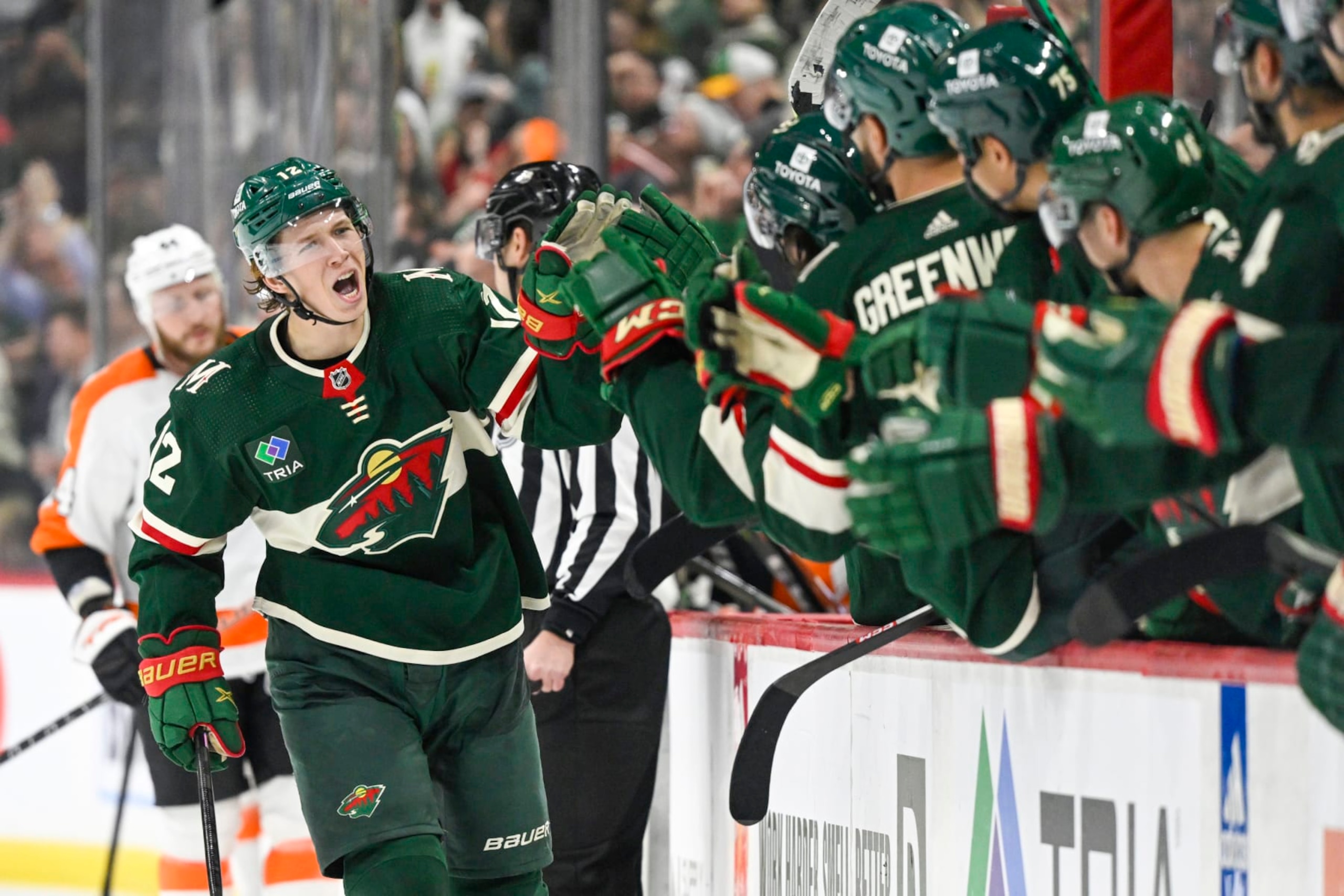 ST. PAUL, MN - JANUARY 26: Minnesota Wild Left Wing Matt Boldy (12) celebrates his power play during the third period of a game between the Minnesota Wild and Philadelphia Flyers on January 26, 2023, at Xcel Energy Center in St. Paul, MN.(Photo by Nick Wosika/Icon Sportswire via Getty Images)
