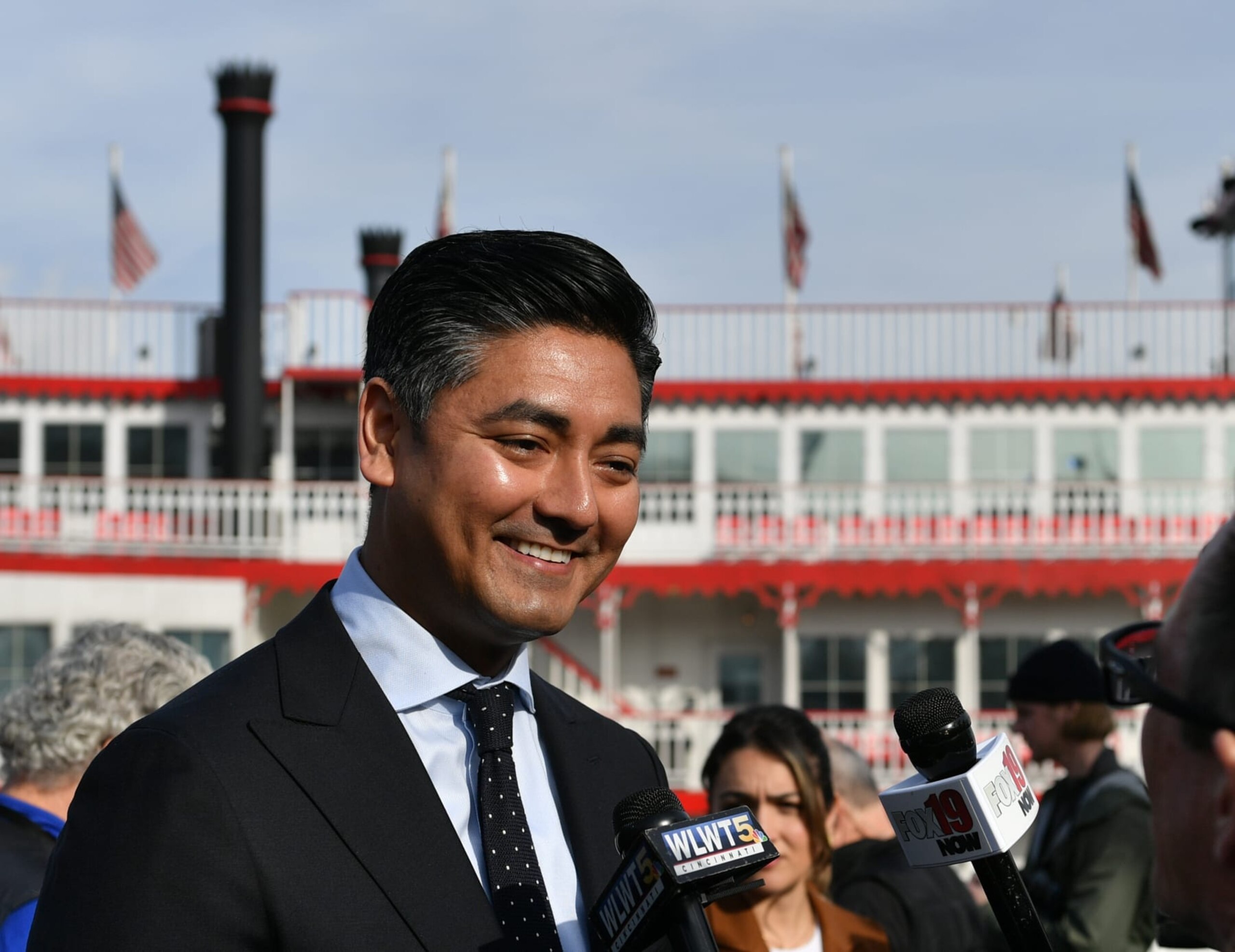 COVINGTON, USA - JANUARY 04: Cincinnati mayor Aftab Pureval speaks to press as President Joe Biden joined by Senate Minority Leader Mitch McConnell travels to Covington, Kentucky to highlight his economic plan on rebuilding infrastructure and creating good paying jobs that don't require a four-year degree and revitalizes communities left behind in Covington KY, United States on January 04, 2023 (Photo by Peter Zay/Anadolu Agency via Getty Images)