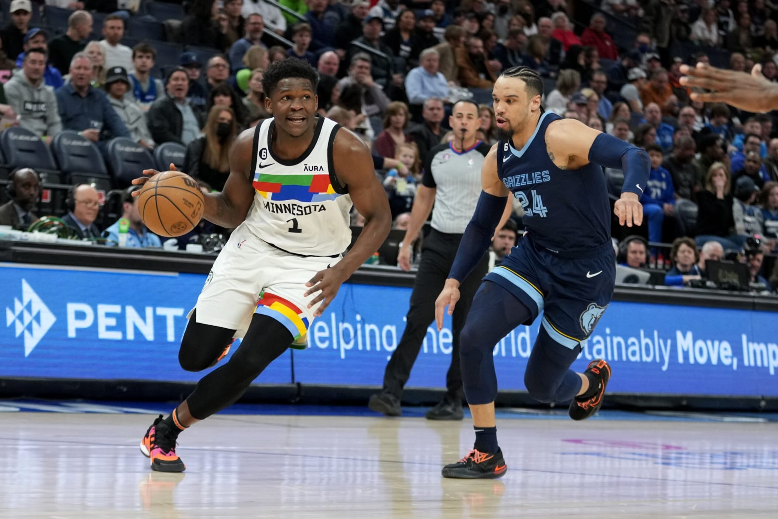 MINNEAPOLIS, MN -  JANUARY 27: Anthony Edwards #1 of the Minnesota Timberwolves dribbles the ball during the game against the Memphis Grizzlies on January 27, 2023 at Target Center in Minneapolis, Minnesota. NOTE TO USER: User expressly acknowledges and agrees that, by downloading and or using this Photograph, user is consenting to the terms and conditions of the Getty Images License Agreement. Mandatory Copyright Notice: Copyright 2023 NBAE (Photo by Jordan Johnson/NBAE via Getty Images)