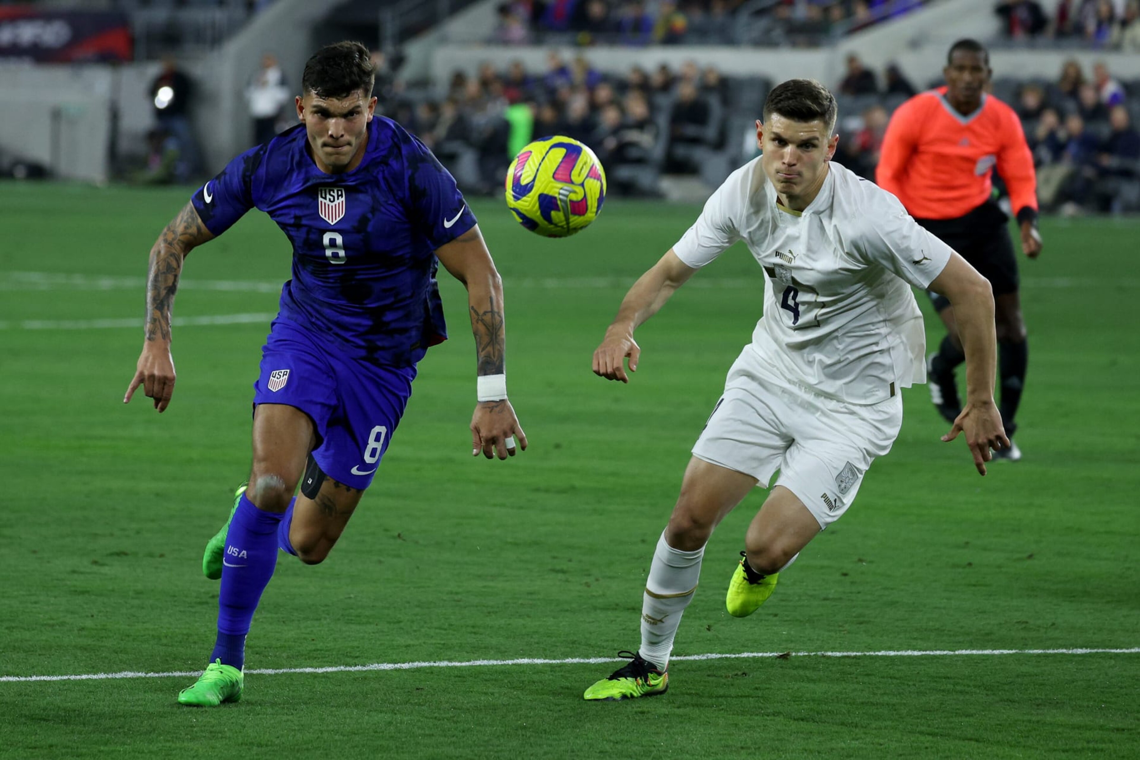LOS ANGELES, CALIFORNIA - JANUARY 25: Brandon Vazquez #8 of the United States chases after the ball against Ranko Vesellnovic #4 of Serbia during the first half in the International Friendly match at BMO Stadium on January 25, 2023 in Los Angeles, California. (Photo by Harry How/Getty Images) LOS ANGELES, CALIFORNIA - JANUARY 25: Brandon Vazquez #8 of the United States chases after the ball against Ranko Vesellnovic #4 of Serbia during the first half in the International Friendly match at BMO Stadium on January 25, 2023 in Los Angeles, California. (Photo by Harry How/Getty Images)