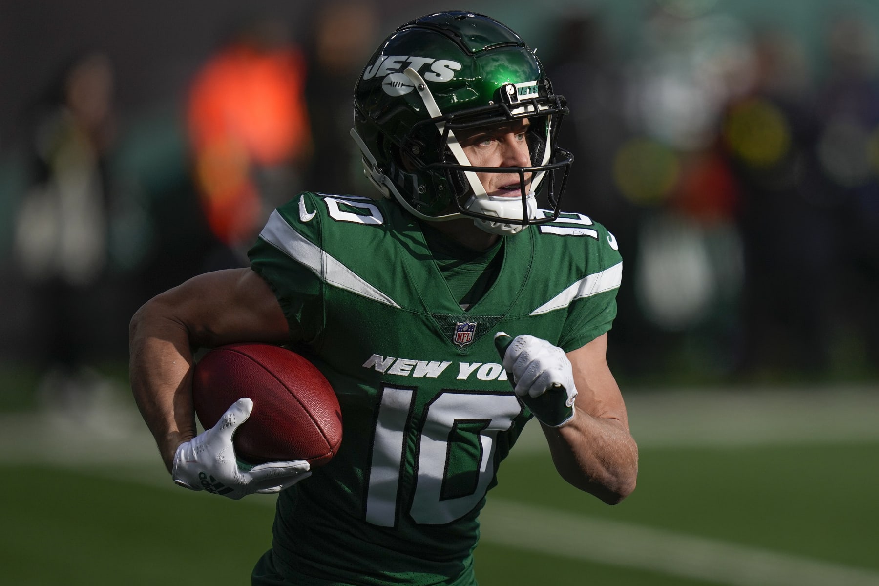 New York Jets wide receiver Braxton Berrios (10) carries the ball against the Detroit Lions during the first quarter of an NFL football game, Sunday, Dec. 18, 2022, in East Rutherford, N.J. (AP Photo/Seth Wenig)