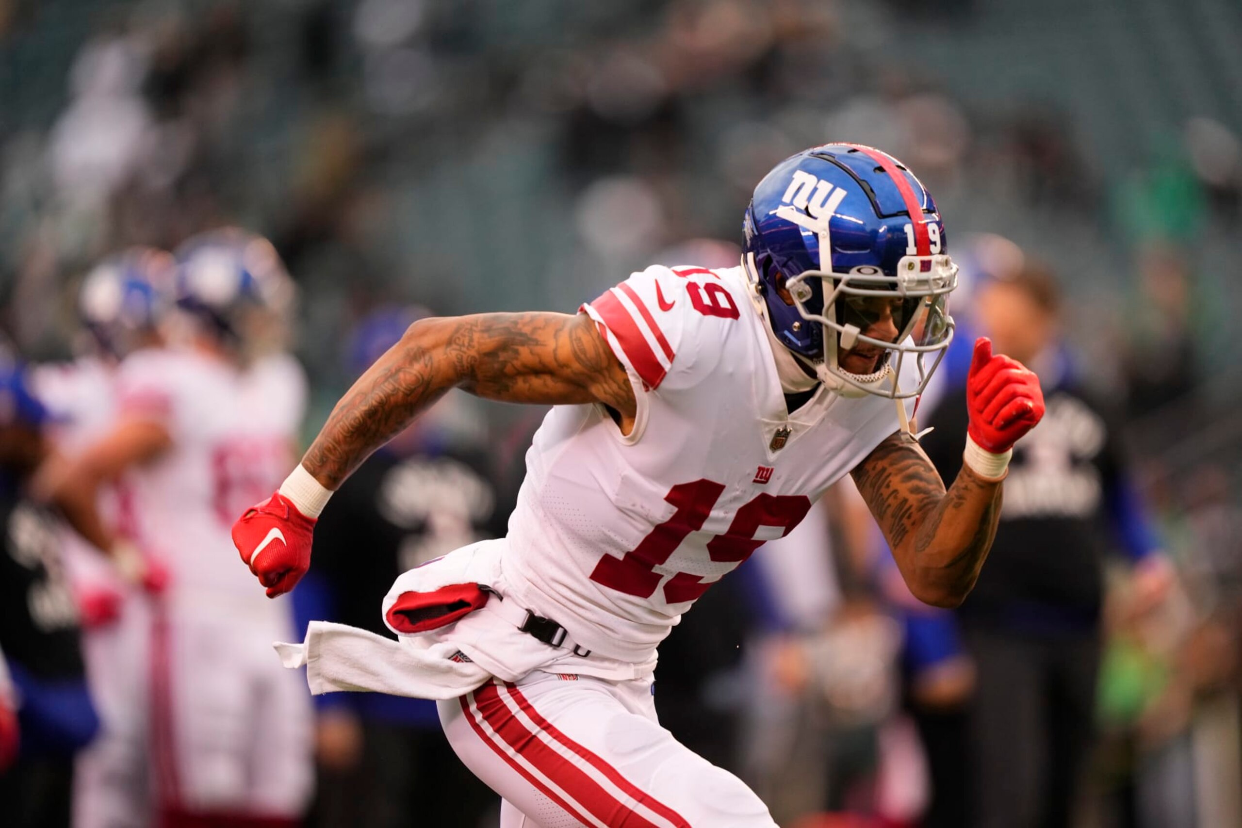 New York Giants wide receiver Kenny Golladay in action before an NFL football game, Sunday, Jan. 8, 2023, in Philadelphia. (AP Photo/Matt Rourke)