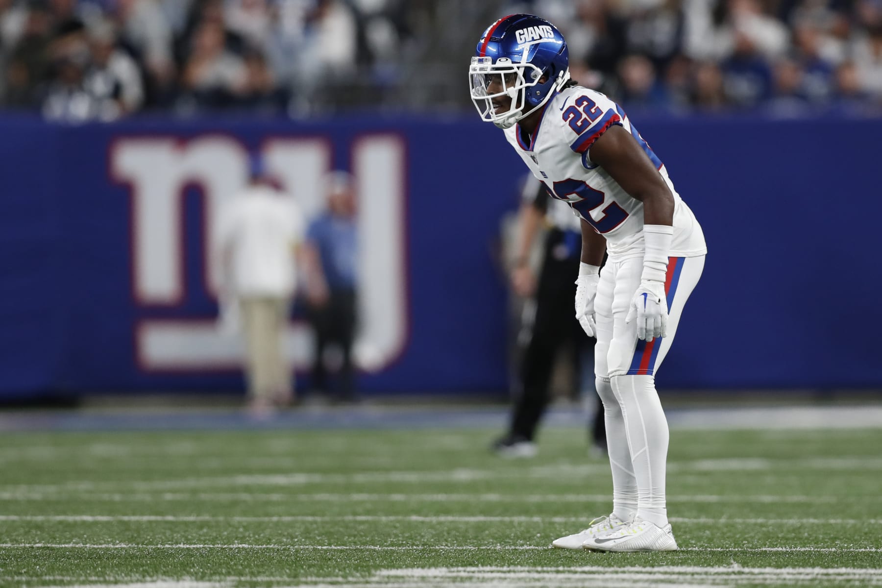 New York Giants cornerback Adoree' Jackson (22) in coverage during an NFL football game against the Dallas Cowboys, Monday, Sept. 26, 2022, in East Rutherford, N.J. The Dallas Cowboys won 23-16. (AP Photo/Steve Luciano)