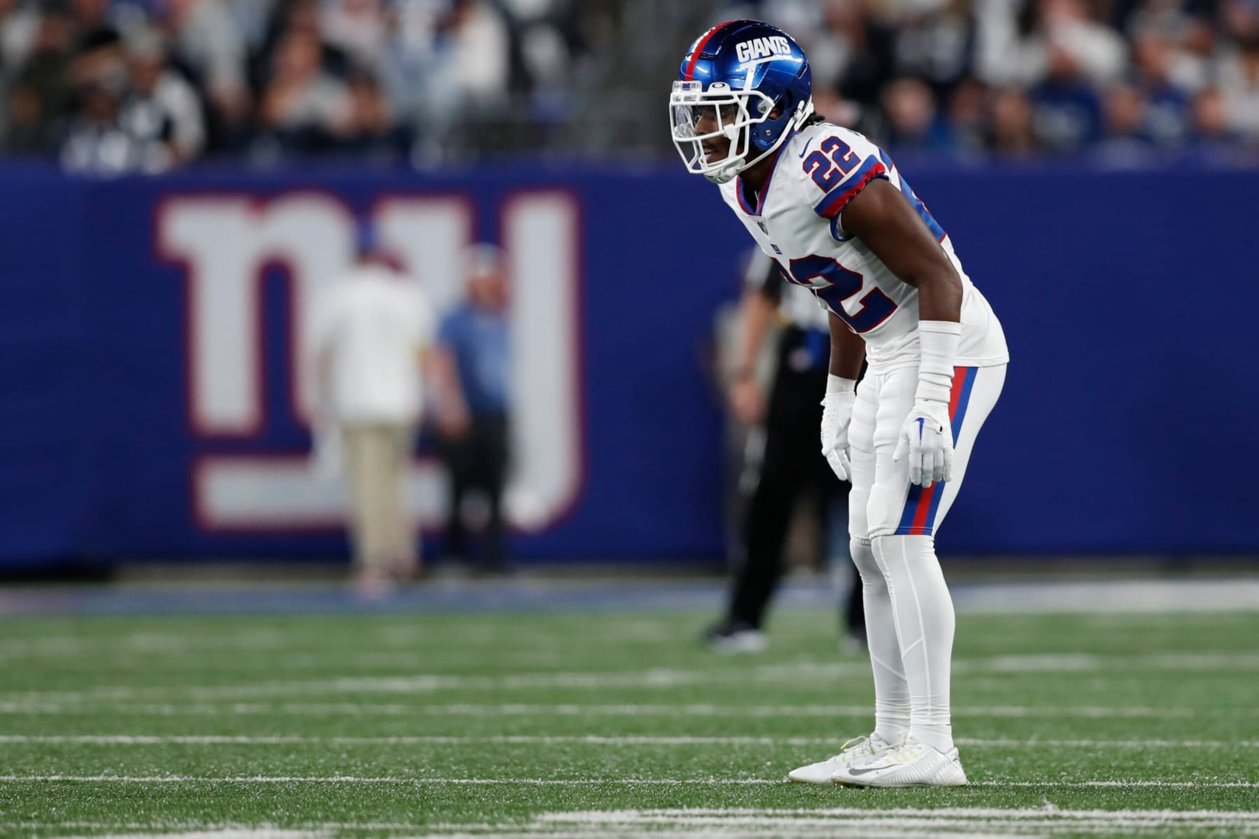 New York Giants cornerback Adoree' Jackson (22) in coverage during an NFL football game against the Dallas Cowboys, Monday, Sept. 26, 2022, in East Rutherford, N.J. The Dallas Cowboys won 23-16. (AP Photo/Steve Luciano)