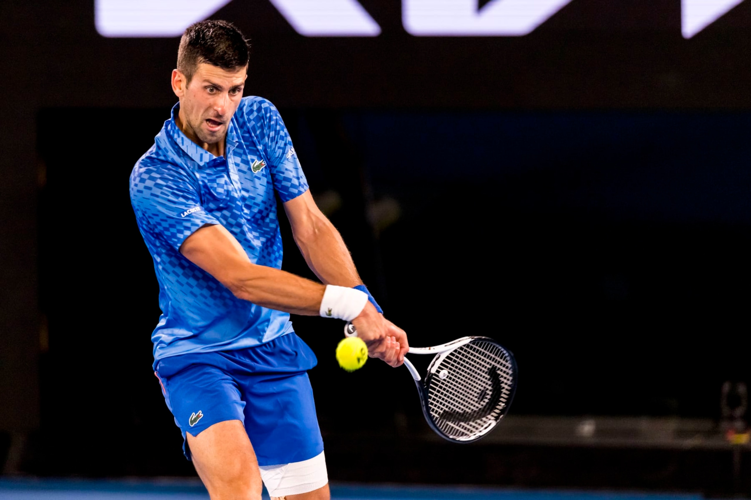 MELBOURNE, VIC - JANUARY 27: Novak Djokovic of Serbia in action during the Semifinals of the 2023 Australian Open on January 27 2023, at Melbourne Park in Melbourne, Australia. (Photo by Jason Heidrich/Icon Sportswire via Getty Images)