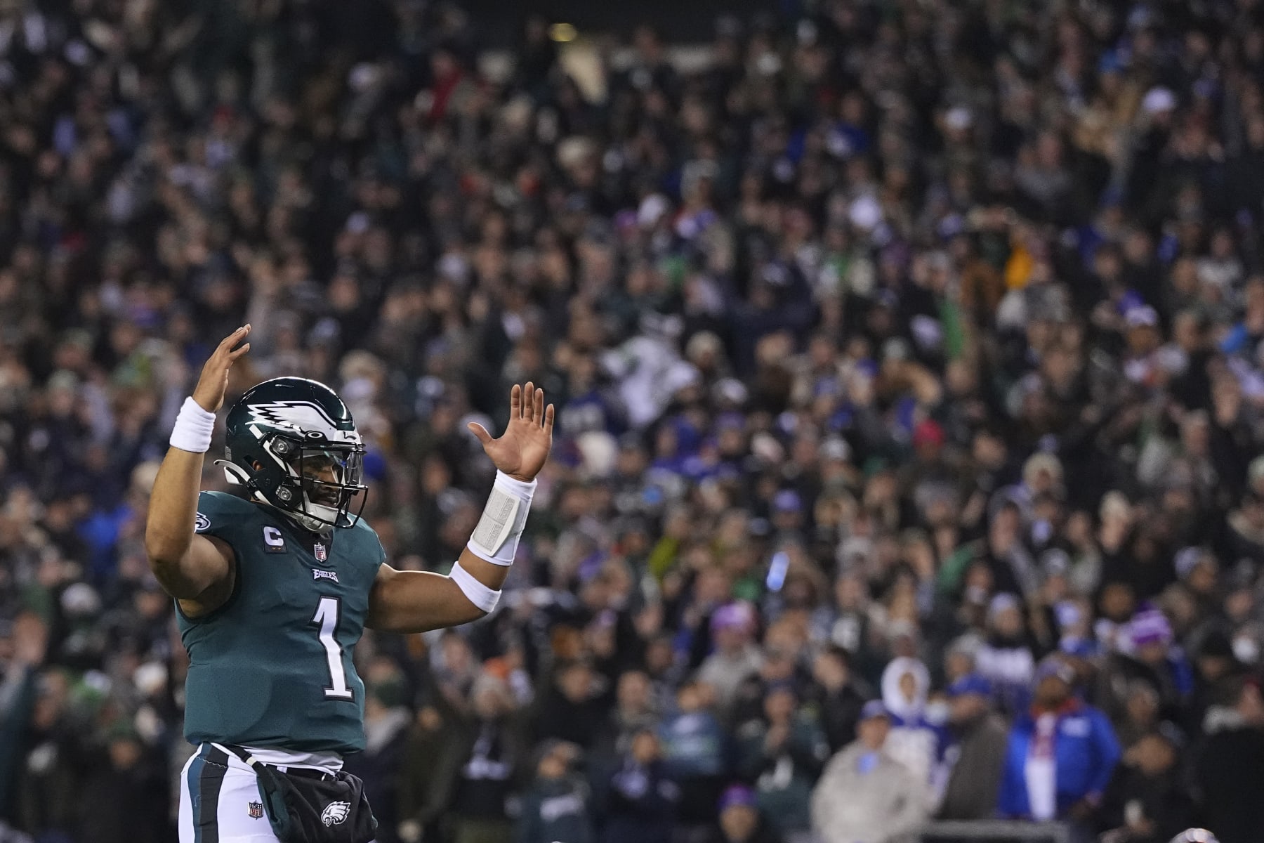 PHILADELPHIA, PA - JANUARY 21: Jalen Hurts #1 of the Philadelphia Eagles reacts against the New York Giants during the NFC Divisional Playoff game at Lincoln Financial Field on January 21, 2023 in Philadelphia, Pennsylvania. (Photo by Mitchell Leff/Getty Images)