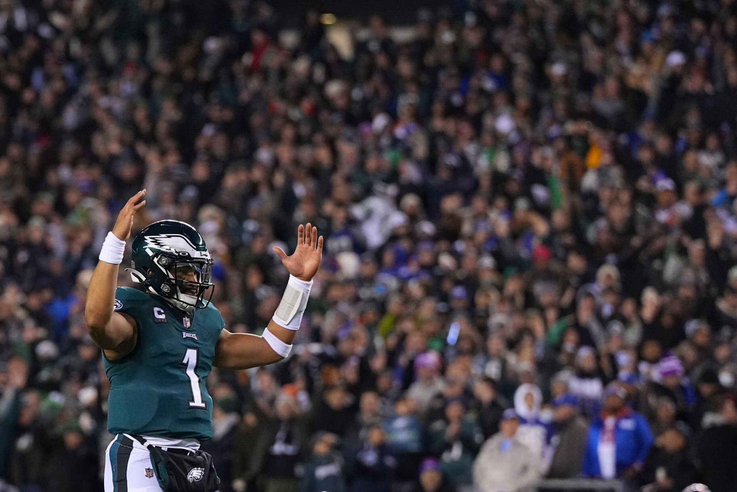 PHILADELPHIA, PA - JANUARY 21: Jalen Hurts #1 of the Philadelphia Eagles reacts against the New York Giants during the NFC Divisional Playoff game at Lincoln Financial Field on January 21, 2023 in Philadelphia, Pennsylvania. (Photo by Mitchell Leff/Getty Images) PHILADELPHIA, PA - JANUARY 21: Jalen Hurts #1 of the Philadelphia Eagles reacts against the New York Giants during the NFC Divisional Playoff game at Lincoln Financial Field on January 21, 2023 in Philadelphia, Pennsylvania. (Photo by Mitchell Leff/Getty Images)