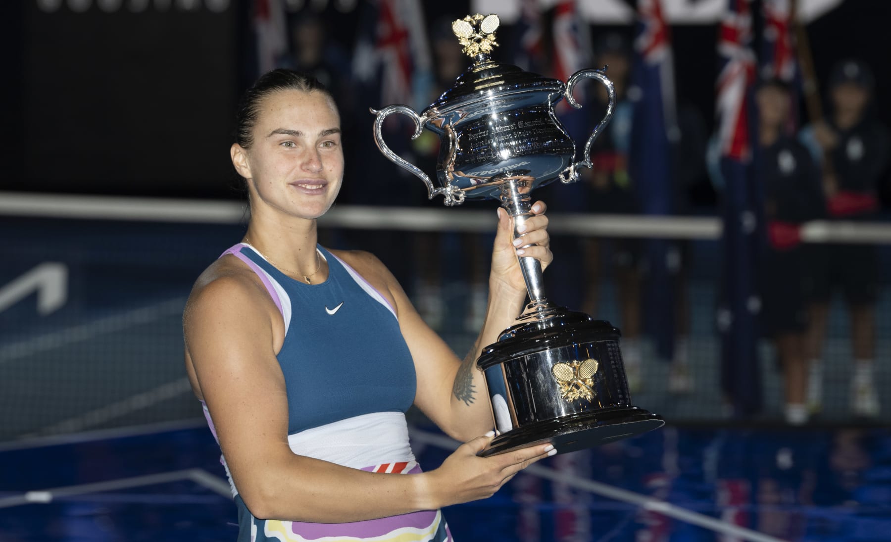 MELBOURNE, AUSTRALIA - JANUARY 28: Aryna Sabalenka poses with the Daphne Akhurst Memorial Cup after winning the Womens Singles Final match against Elena Rybakina of Kazakhstan during day 13 of the 2023 Australian Open at Melbourne Park on January 28, 2023 in Melbourne, Australia. (Photo by Will Murray/Getty Images)