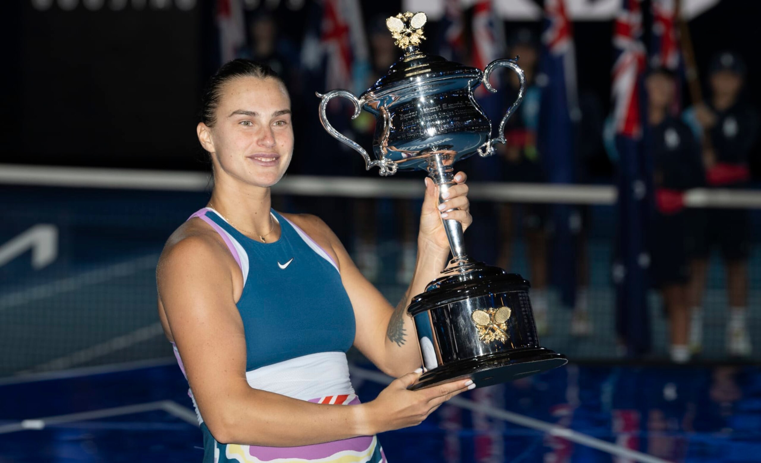 MELBOURNE, AUSTRALIA - JANUARY 28: Aryna Sabalenka poses with the Daphne Akhurst Memorial Cup after winning the Womens Singles Final match against Elena Rybakina of Kazakhstan during day 13 of the 2023 Australian Open at Melbourne Park on January 28, 2023 in Melbourne, Australia. (Photo by Will Murray/Getty Images)