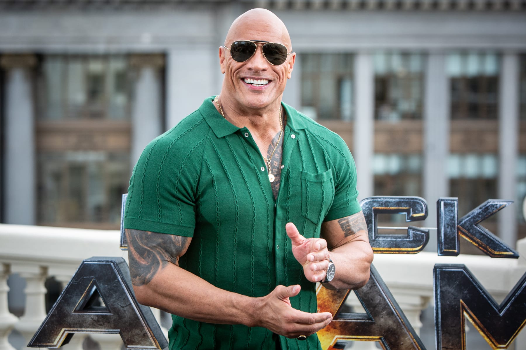 MADRID, SPAIN - OCTOBER 19: US actor Dwayne Johnson attends the "Black Adam" photocall at NH Collection Madrid Eurobuilding hotel on October 19, 2022 in Madrid, Spain. (Photo by Pablo Cuadra/WireImage)