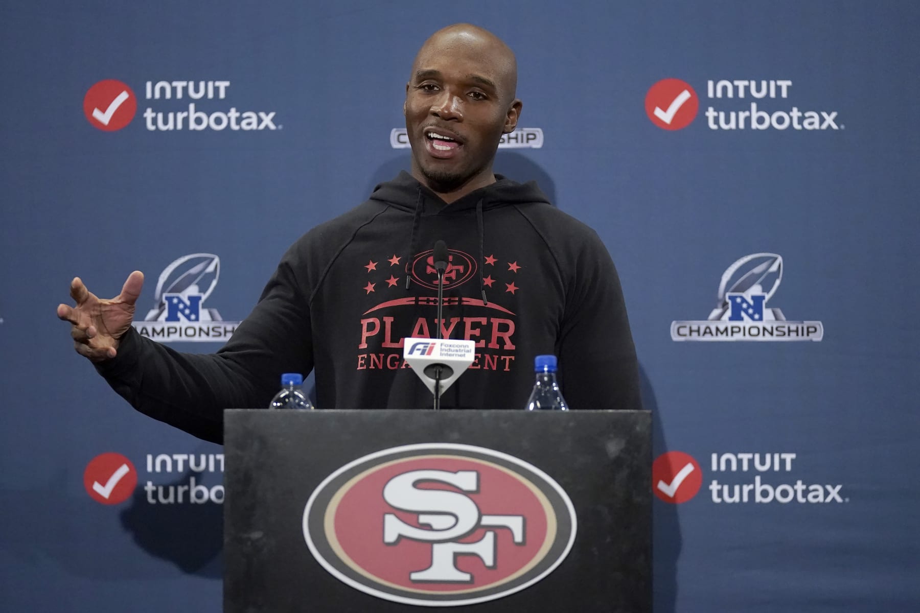 San Francisco 49ers defensive coordinator DeMeco Ryans speaks at a news conference before an NFL football practice in Santa Clara, Calif., Thursday, Jan. 26, 2023. The 49ers are scheduled to play the Philadelphia Eagles Sunday in the NFC championship game. (AP Photo/Jeff Chiu)