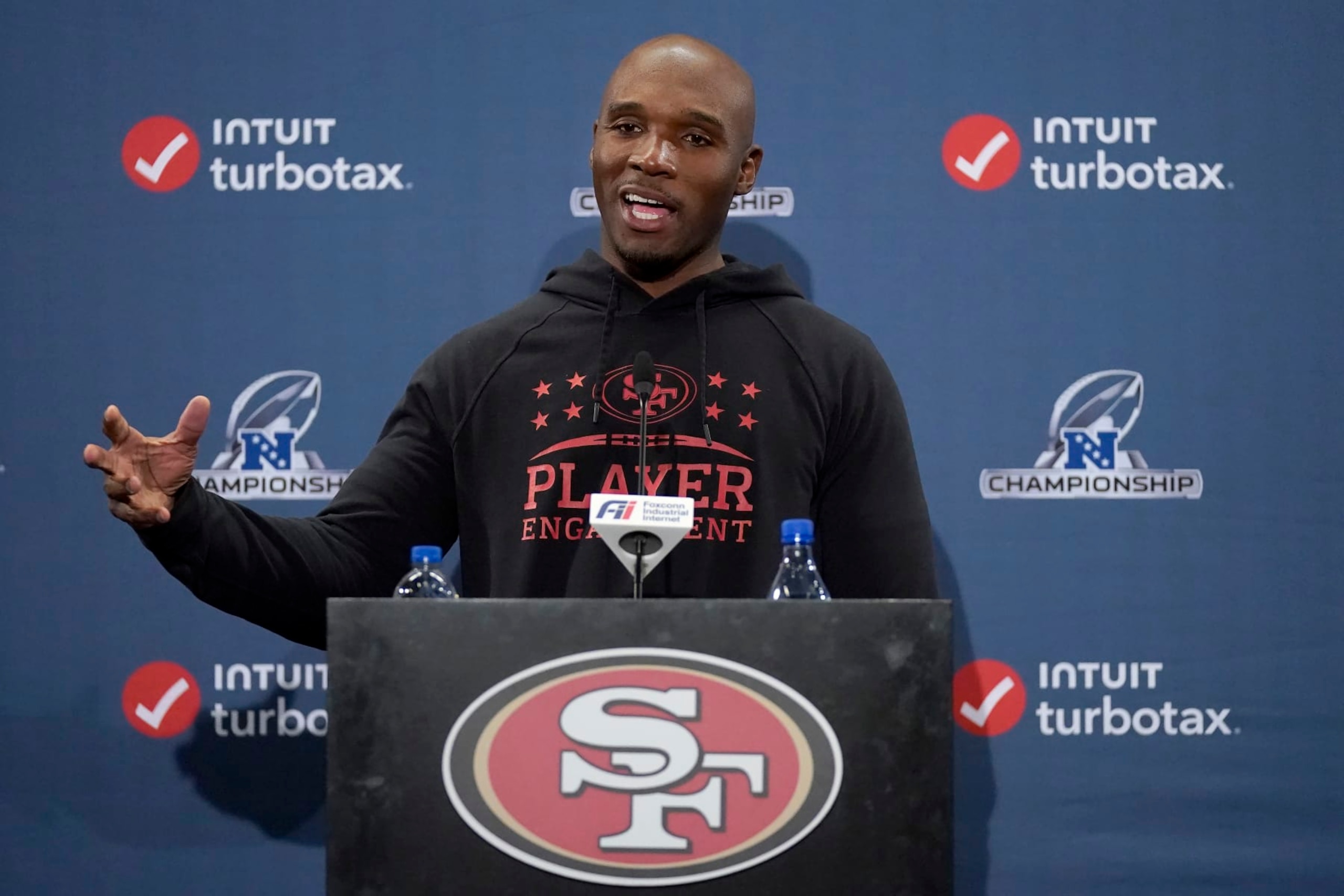 San Francisco 49ers defensive coordinator DeMeco Ryans speaks at a news conference before an NFL football practice in Santa Clara, Calif., Thursday, Jan. 26, 2023. The 49ers are scheduled to play the Philadelphia Eagles Sunday in the NFC championship game. (AP Photo/Jeff Chiu)
