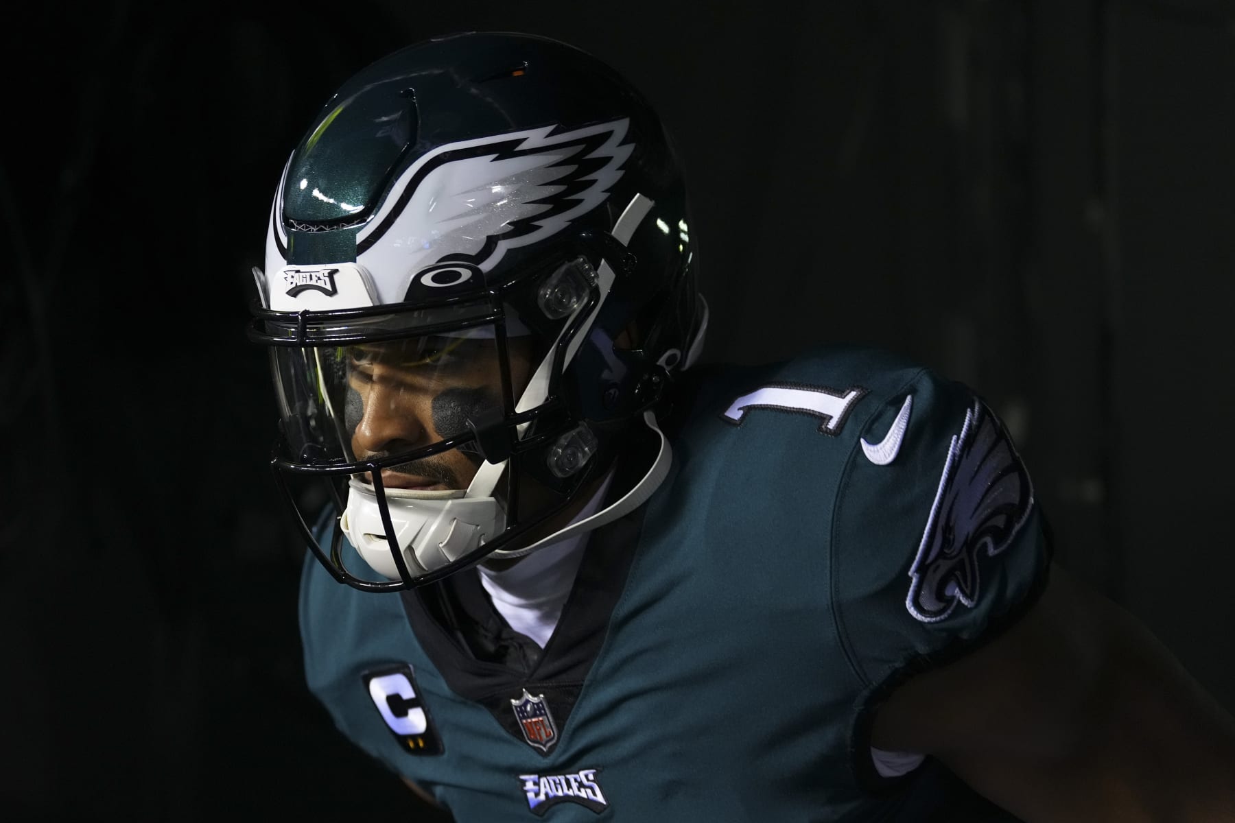 PHILADELPHIA, PA - JANUARY 21: Jalen Hurts #1 of the Philadelphia Eagles runs onto the field against the New York Giants during the NFC Divisional Playoff game at Lincoln Financial Field on January 21, 2023 in Philadelphia, Pennsylvania. (Photo by Mitchell Leff/Getty Images)