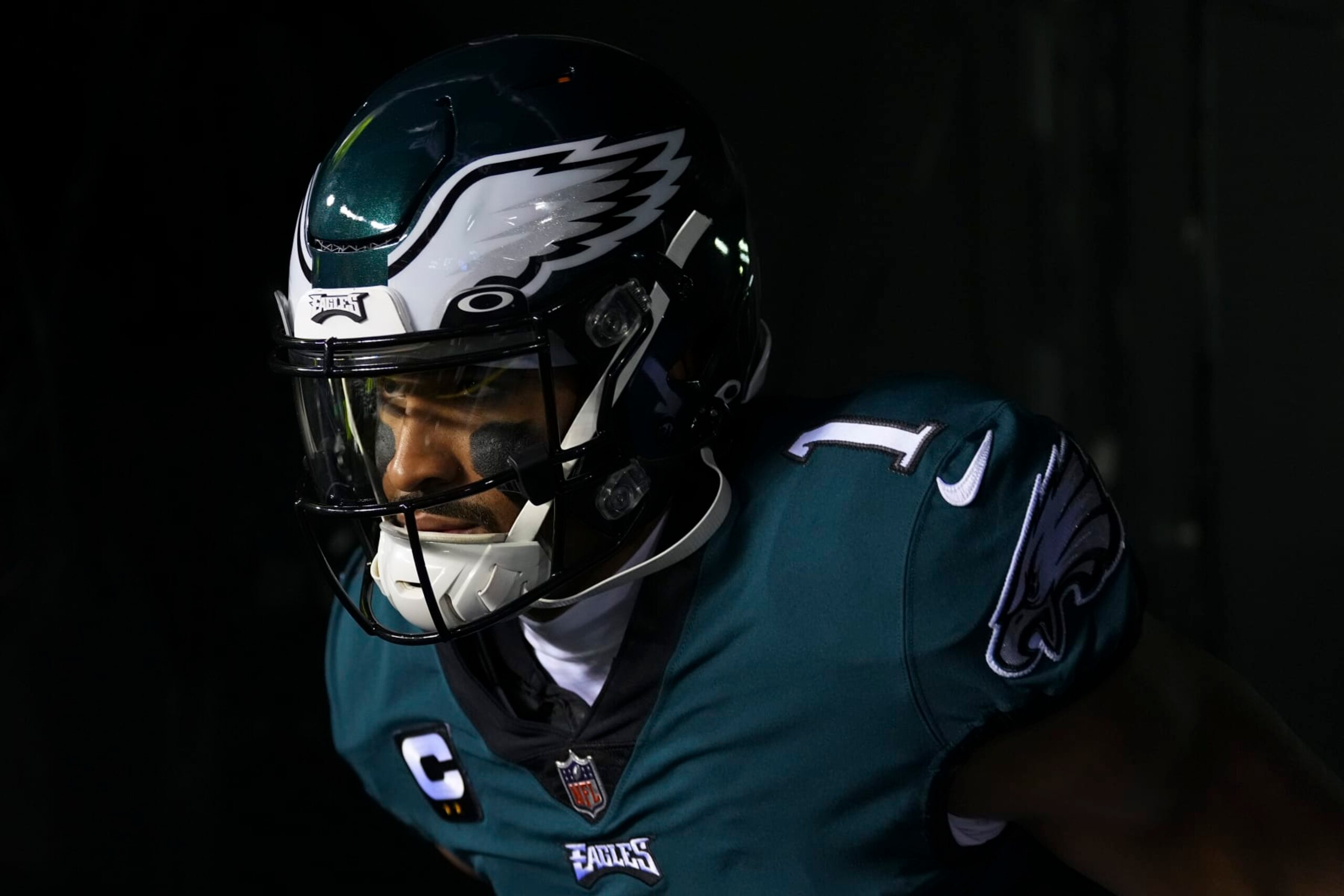 PHILADELPHIA, PA - JANUARY 21: Jalen Hurts #1 of the Philadelphia Eagles runs onto the field against the New York Giants during the NFC Divisional Playoff game at Lincoln Financial Field on January 21, 2023 in Philadelphia, Pennsylvania. (Photo by Mitchell Leff/Getty Images)