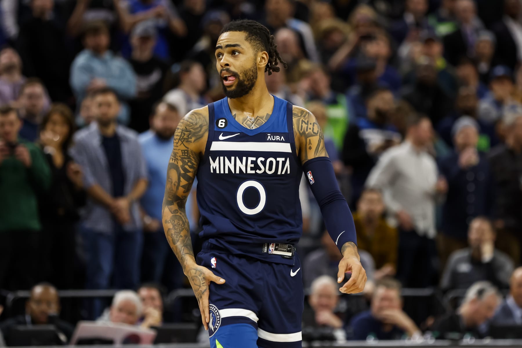 MINNEAPOLIS, MN - JANUARY 19: D'Angelo Russell #0 of the Minnesota Timberwolves looks on against the Toronto Raptors in the fourth quarter at Target Center on January 19, 2023 in Minneapolis, Minnesota. The Timberwolves defeated the Raptors 128-126. NOTE TO USER: User expressly acknowledges and agrees that, by downloading and or using this Photograph, user is consenting to the terms and conditions of the Getty Images License Agreement. (Photo by David Berding/Getty Images)