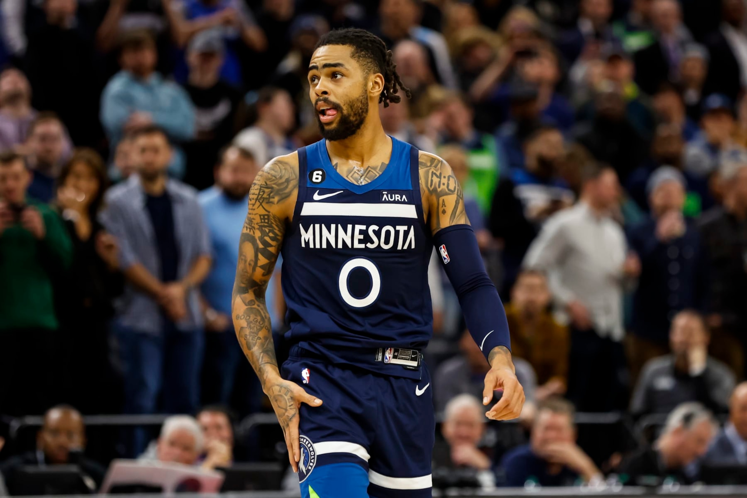 MINNEAPOLIS, MN - JANUARY 19: D'Angelo Russell #0 of the Minnesota Timberwolves looks on against the Toronto Raptors in the fourth quarter at Target Center on January 19, 2023 in Minneapolis, Minnesota. The Timberwolves defeated the Raptors 128-126. NOTE TO USER: User expressly acknowledges and agrees that, by downloading and or using this Photograph, user is consenting to the terms and conditions of the Getty Images License Agreement. (Photo by David Berding/Getty Images)
