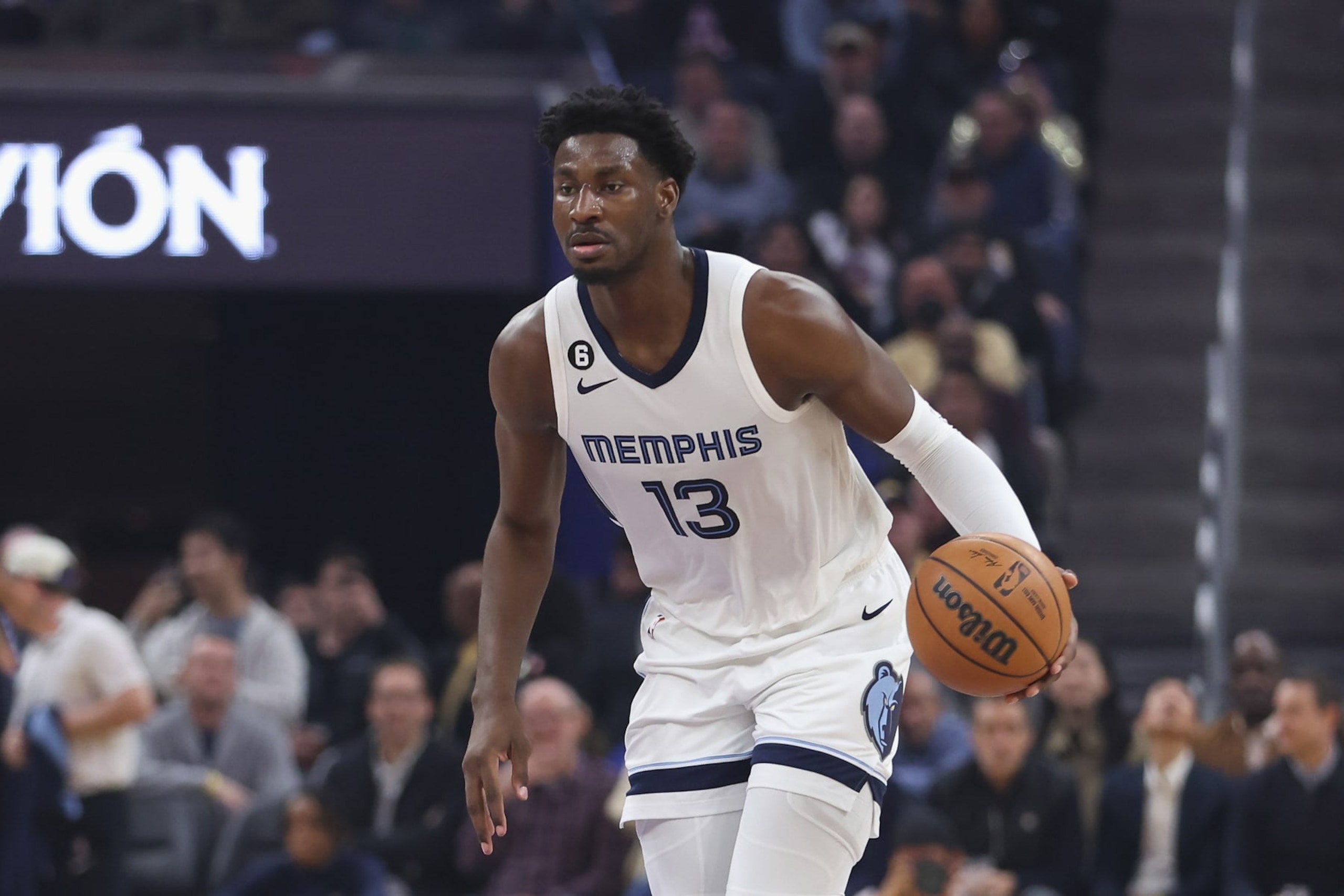 SAN FRANCISCO, CALIFORNIA - JANUARY 25: Jaren Jackson Jr. #13 of the Memphis Grizzlies dribbles the ball up court against the Golden State Warriors in the first quarter at Chase Center on January 25, 2023 in San Francisco, California. NOTE TO USER: User expressly acknowledges and agrees that, by downloading and/or using this photograph, User is consenting to the terms and conditions of the Getty Images License Agreement. (Photo by Lachlan Cunningham/Getty Images) SAN FRANCISCO, CALIFORNIA - JANUARY 25: Jaren Jackson Jr. #13 of the Memphis Grizzlies dribbles the ball up court against the Golden State Warriors in the first quarter at Chase Center on January 25, 2023 in San Francisco, California. NOTE TO USER: User expressly acknowledges and agrees that, by downloading and/or using this photograph, User is consenting to the terms and conditions of the Getty Images License Agreement. (Photo by Lachlan Cunningham/Getty Images)