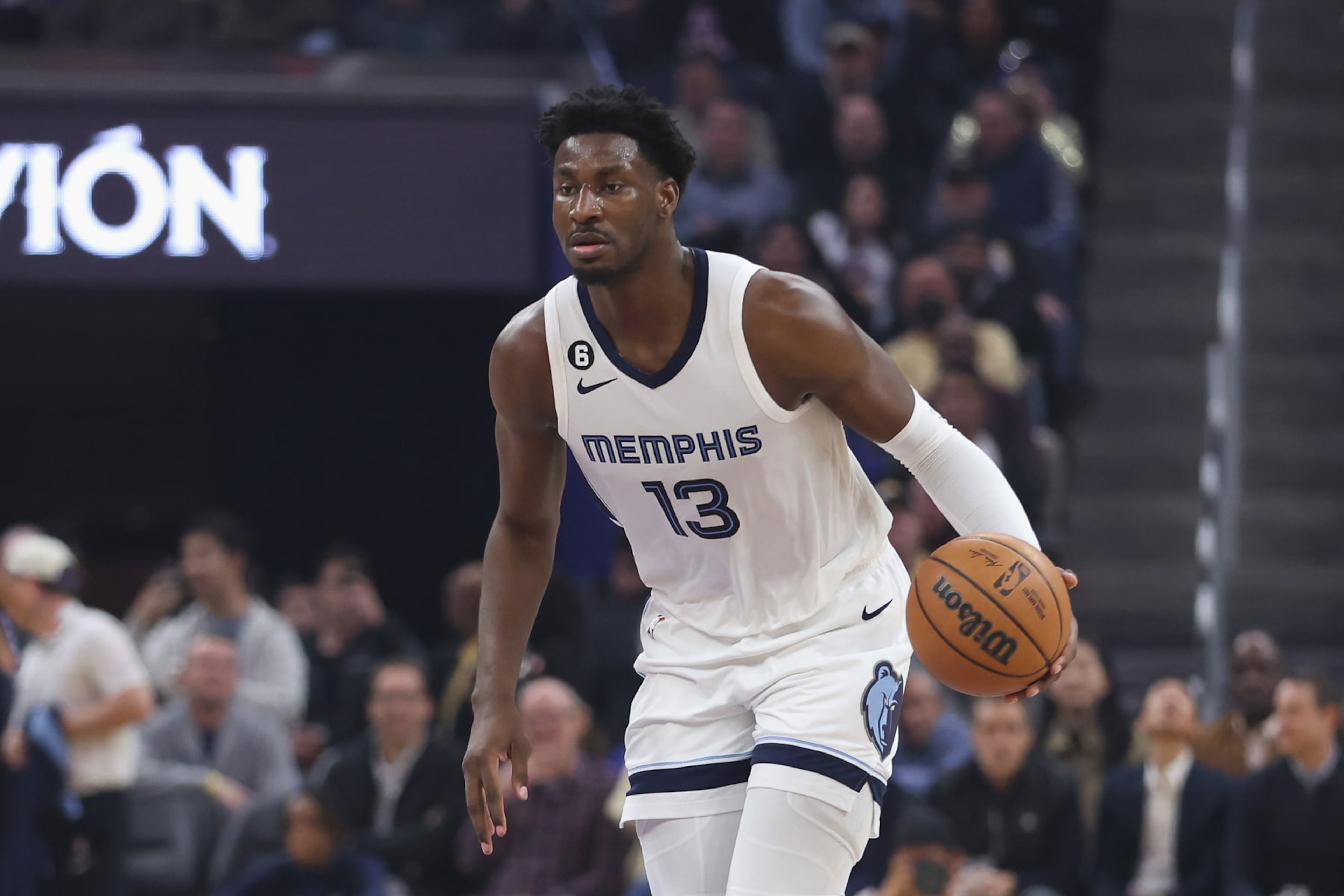 SAN FRANCISCO, CALIFORNIA - JANUARY 25: Jaren Jackson Jr. #13 of the Memphis Grizzlies dribbles the ball up court against the Golden State Warriors in the first quarter at Chase Center on January 25, 2023 in San Francisco, California. NOTE TO USER: User expressly acknowledges and agrees that, by downloading and/or using this photograph, User is consenting to the terms and conditions of the Getty Images License Agreement. (Photo by Lachlan Cunningham/Getty Images)