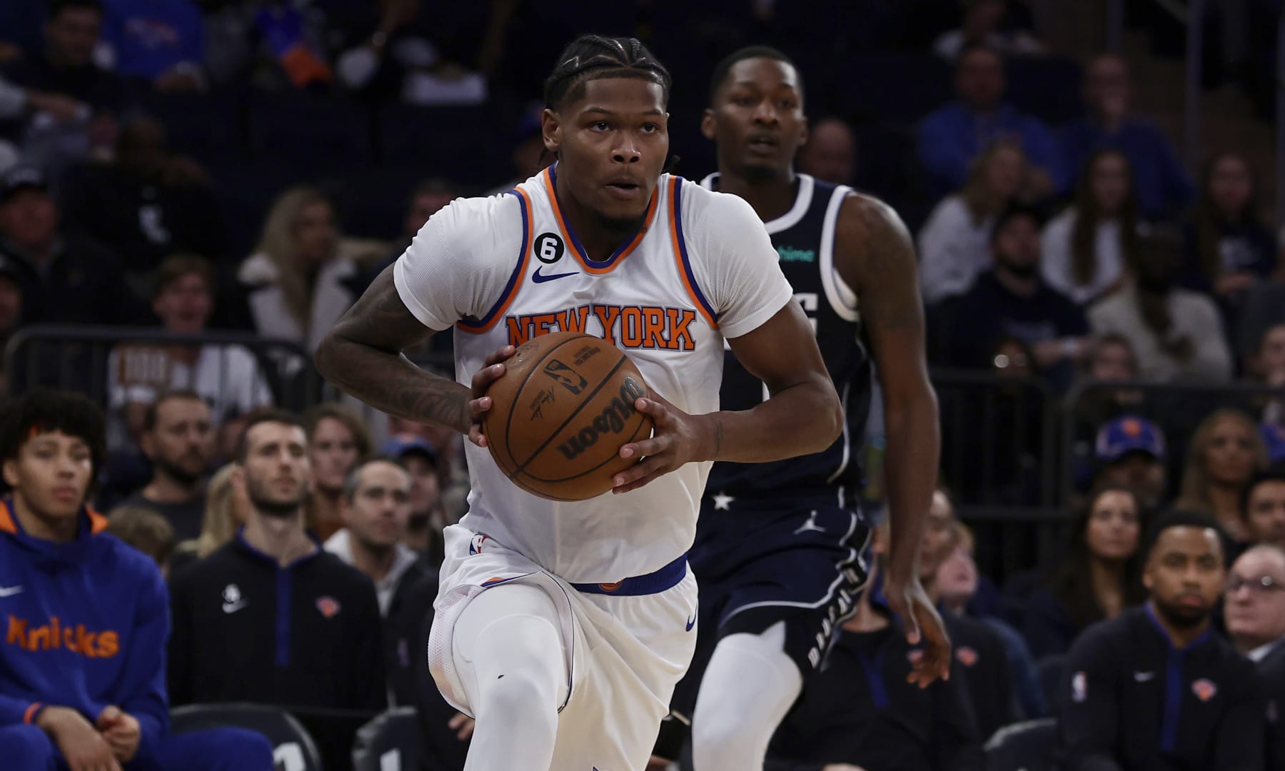 NEW YORK, NEW YORK - DECEMBER 03: (NEW YORK DAILIES OUT)  Cam Reddish #0 of the New York Knicks in action against the Dallas Mavericks at Madison Square Garden on December 03, 2022 in New York City. The Mavericks defeated the Knicks 121-100. NOTE TO USER: User expressly acknowledges and agrees that, by downloading and or using this photograph, User is consenting to the terms and conditions of the Getty Images License Agreement. (Photo by Jim McIsaac/Getty Images)
